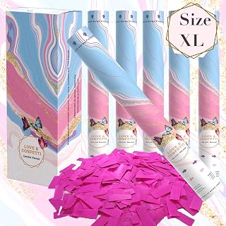 LOVE and CONFETTI Gender Reveal Party Supplies - Gender Reveal Poppers - 100% Biodegradable -16" Length Confetti Cannon - Shoots 20Ft - Compressed Air & No Chemicals or Smoke - Large Pack of 6