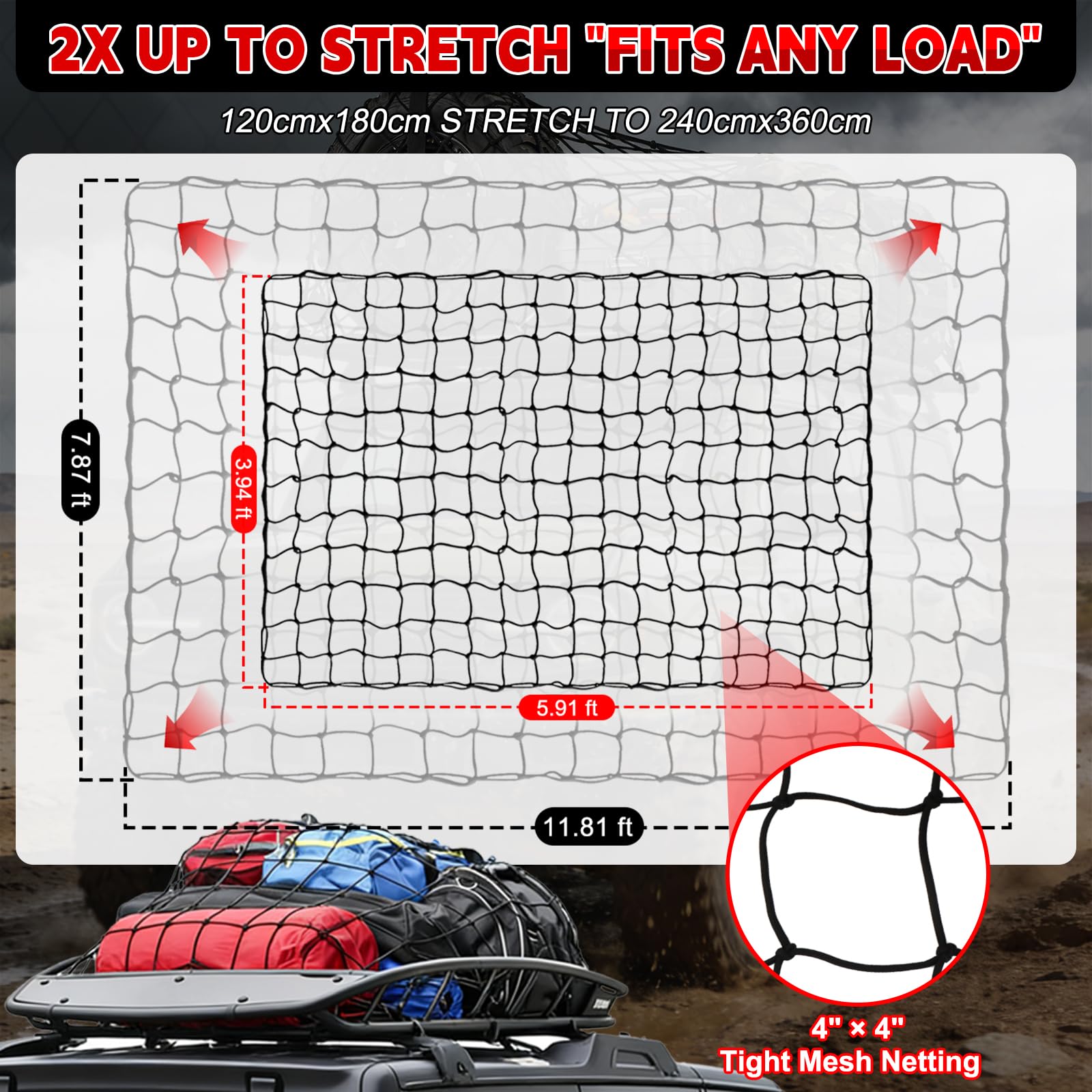 Red de equipaje de 180 x 120 cm, extensible hasta 360 x 240 cm, con 1 bolsa de almacenamiento, 2 cuerdas elásticas de carga, 16 ganchos de metal y 16 ganchos de ABS, para ATV, Suvs, camiones y