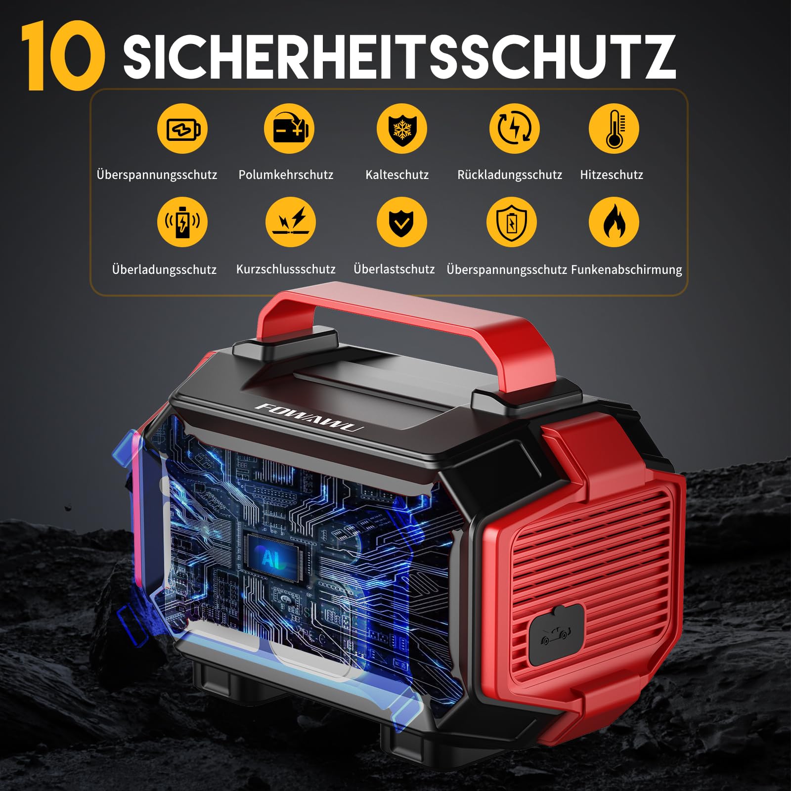 FOWAWU 8000A Starthilfe Powerbank mit Kompressor | 9-in-1 Auto Starthilfe für alle Benzin und 10L Diesel,150PSI Elektrische Luftpumpe mit Autostop Funktion,für Auto, Motorrad