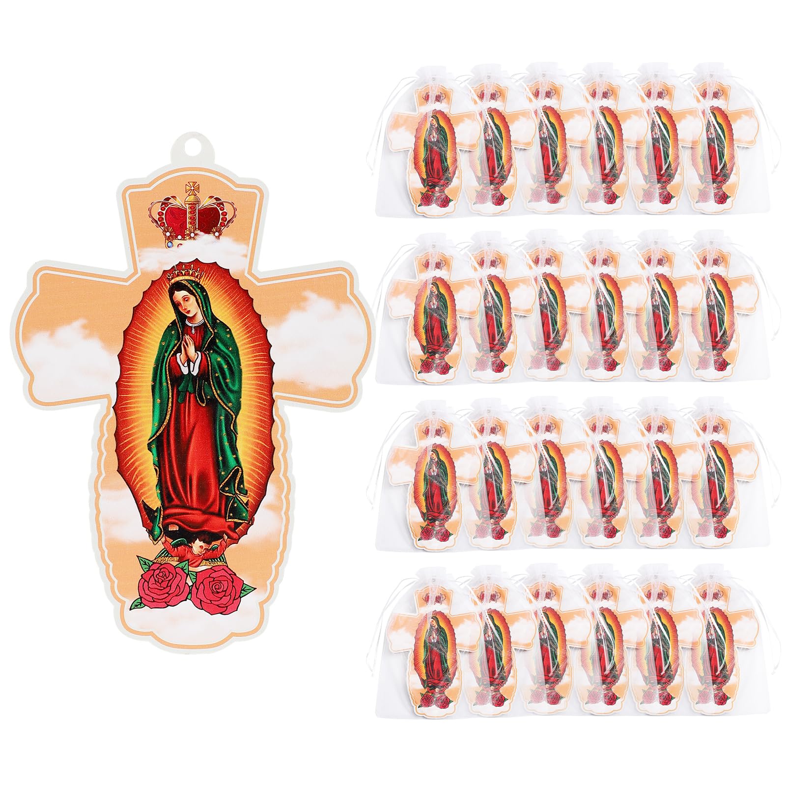 24 Pcs Our Lady of Guadalupe Wood Wall Cross Crucifix,Baptism Party Gift First communion Favor Memorial Religious Event,La Virgen De Guadalupe Wall