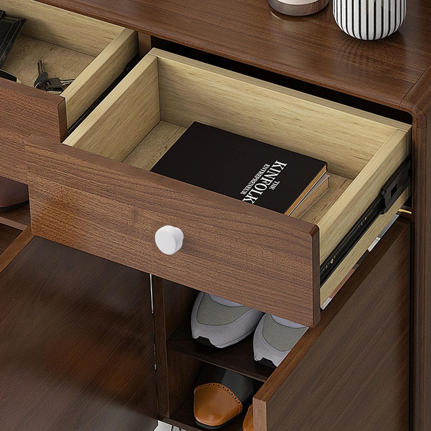 White Cabinet Knobs 5 Pack, 1.38 Inch Flat Top Round Wooden Knobs for Dresser Drawer Cabinet