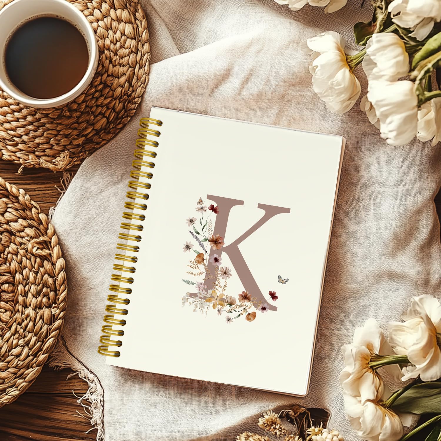 THDSE Cuadernos personalizados con letra K con inicial K, cuaderno retro floral personalizado con monograma en espiral, cuadernos vintage de tapa dura para la escuela, cuadernos universitarios rayados