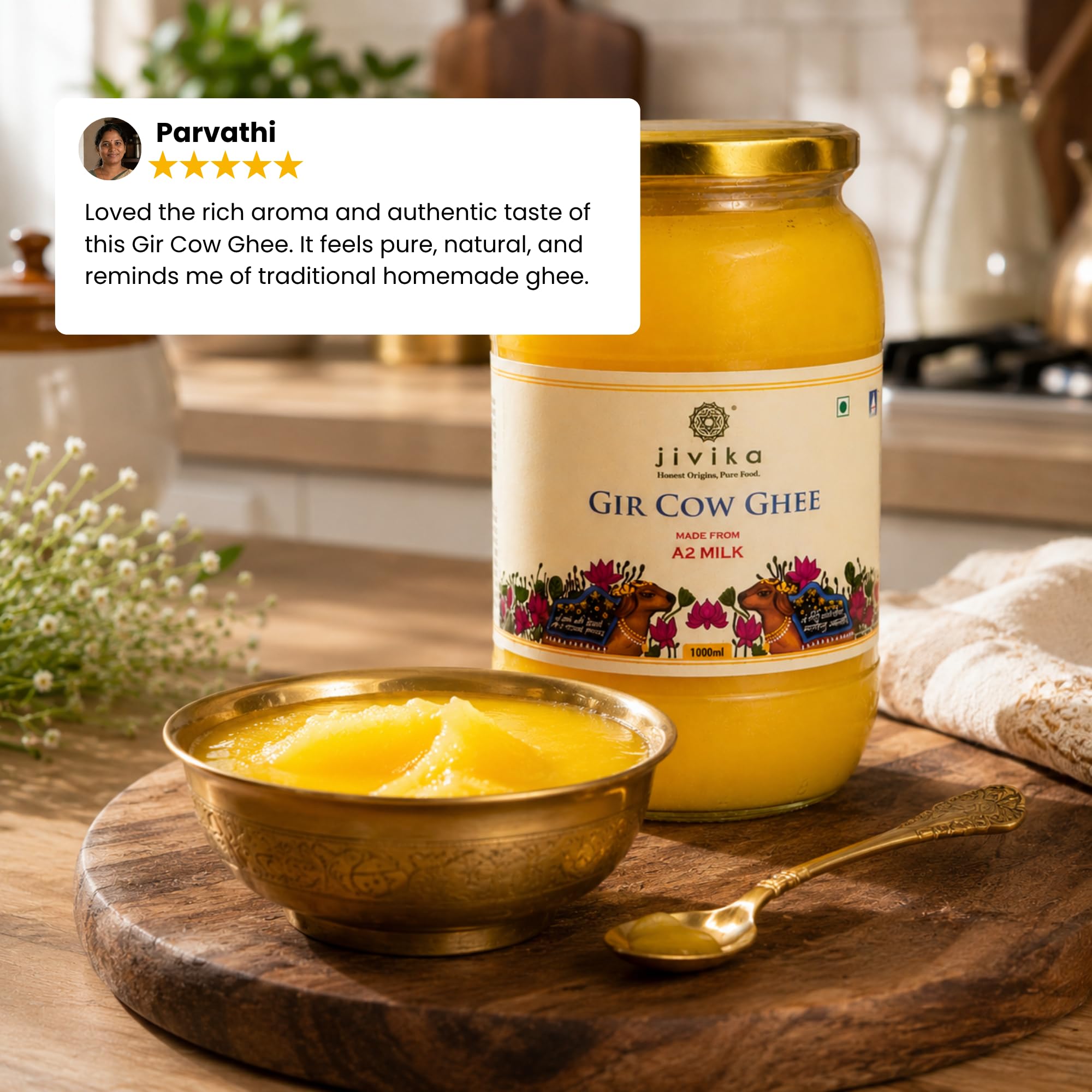JIVIKA NATURALS Ghee de vaca Gir Gir de alta calidad de 1 litro, probado en leche A2, método védico Bilona, probado en laboratorio, ghee de vaca desi puro, dirección bidireccional, churned from