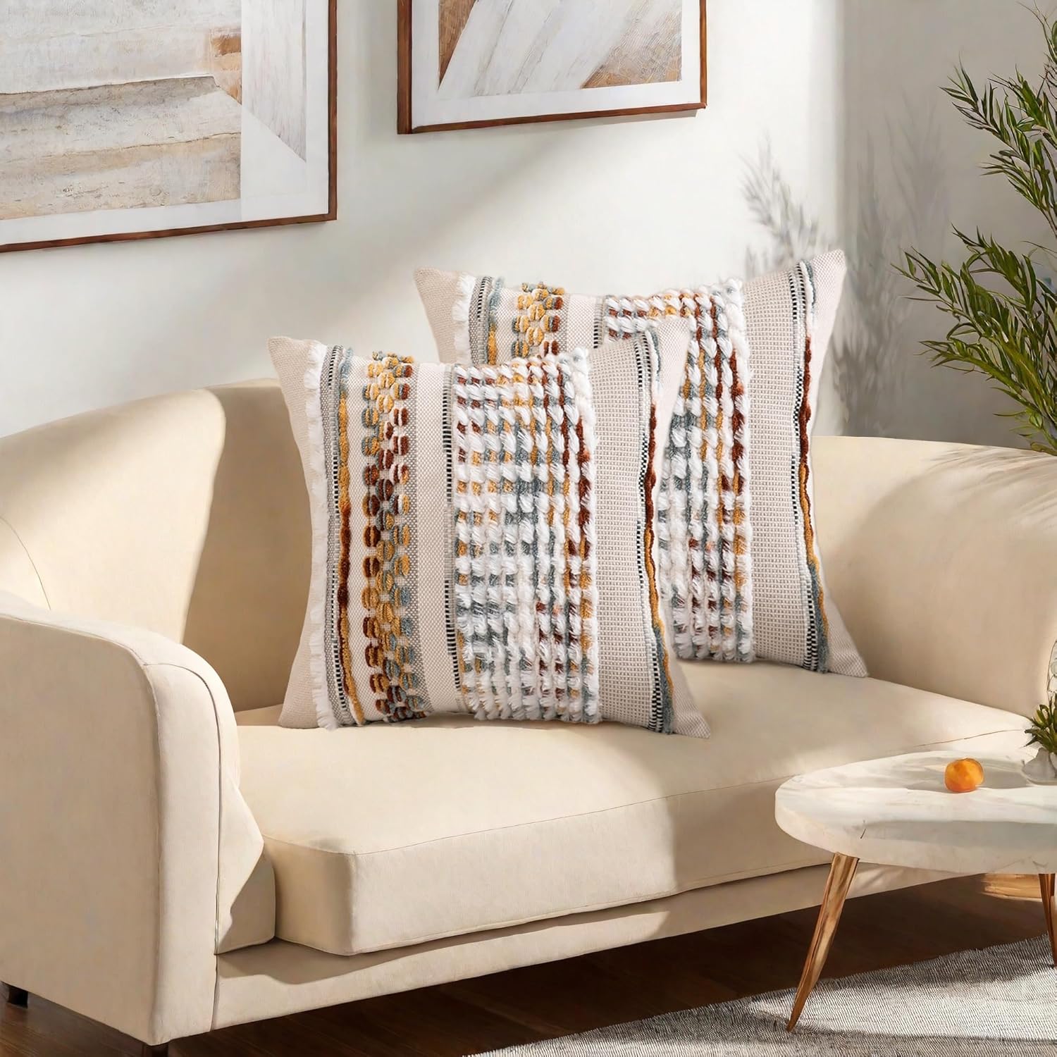 Emvency Boho Throw Pillow Covers 18x18 Inches Set of 2, Orange and White Chenille Tufted Farmhouse Striped Chic Modern Art Square Decorative Couch Pillowcases for Home Decor Bedroom Sofa Living Room