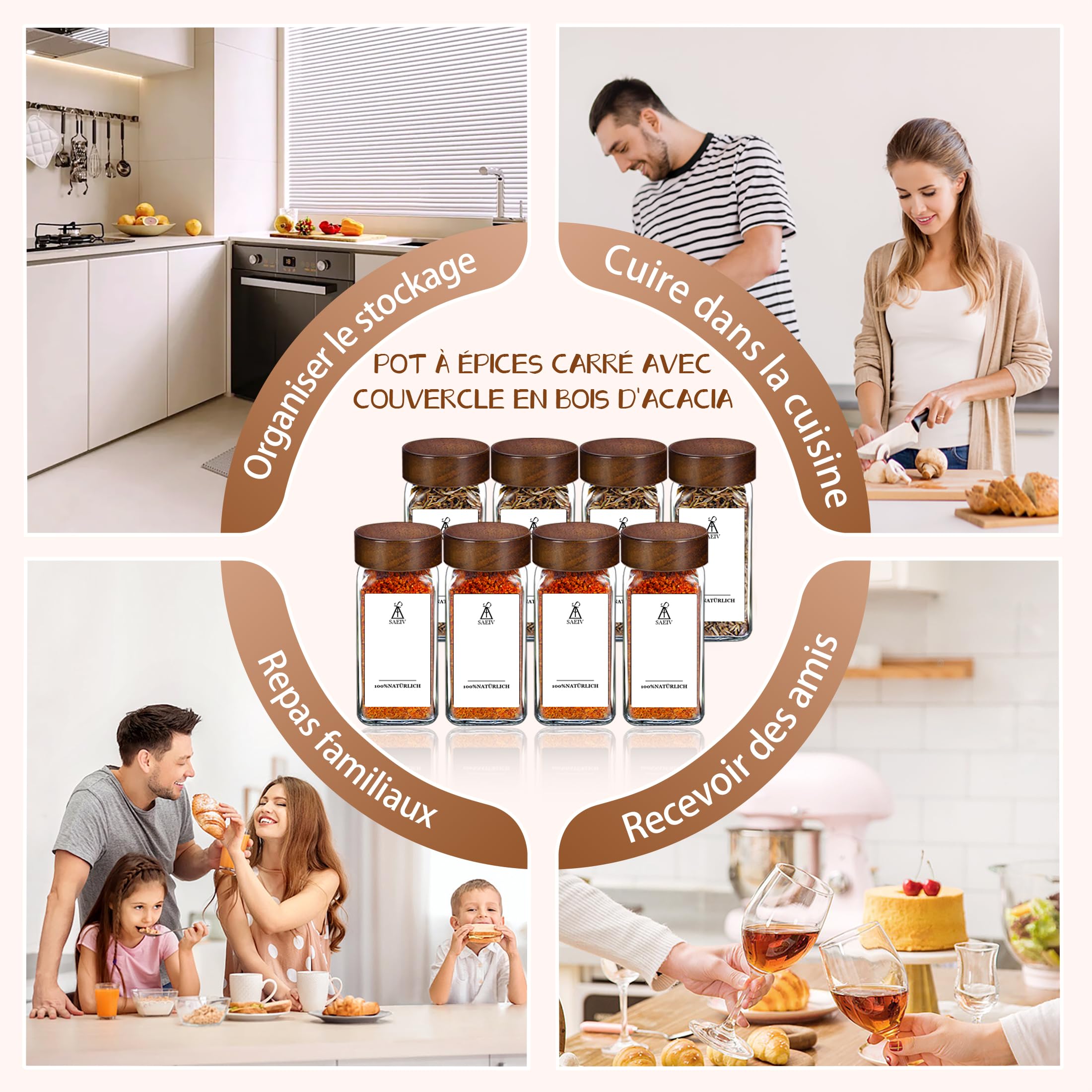 Lot de 24 pots à épices carrés de 120 ml - Pots à épices en verre borosilicaté de qualité alimentaire - Couvercles en bois de acacia - Étiquettes imperméables bicolores incluses - rangement cuisine