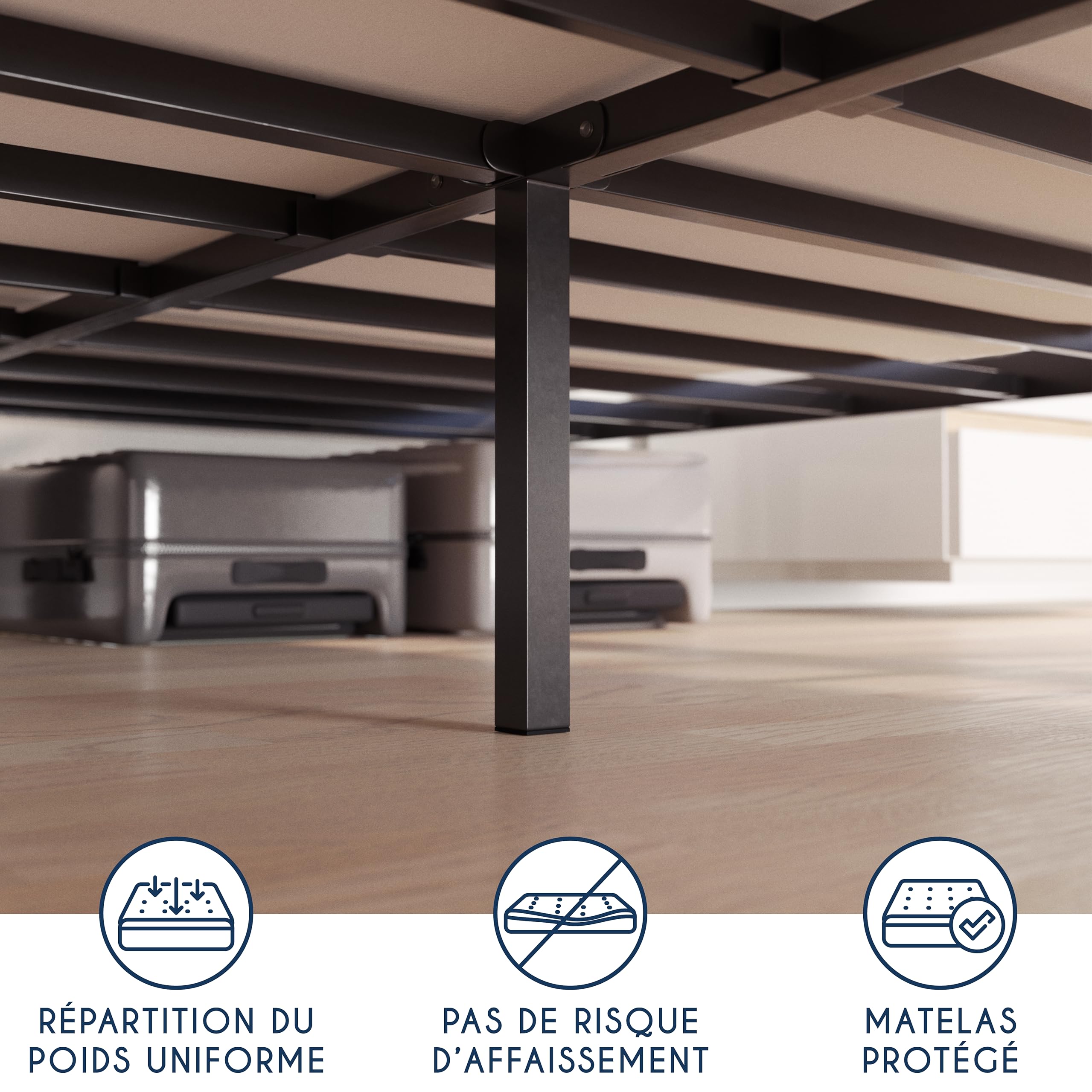 Dreamzie Cadre de Lit 160x200cm avec Sommier - Sommier 160x200 avec Pieds - Hauteur de 35cm - Structure Solide, Assemblage Facile et Espace de Rangement 32cm