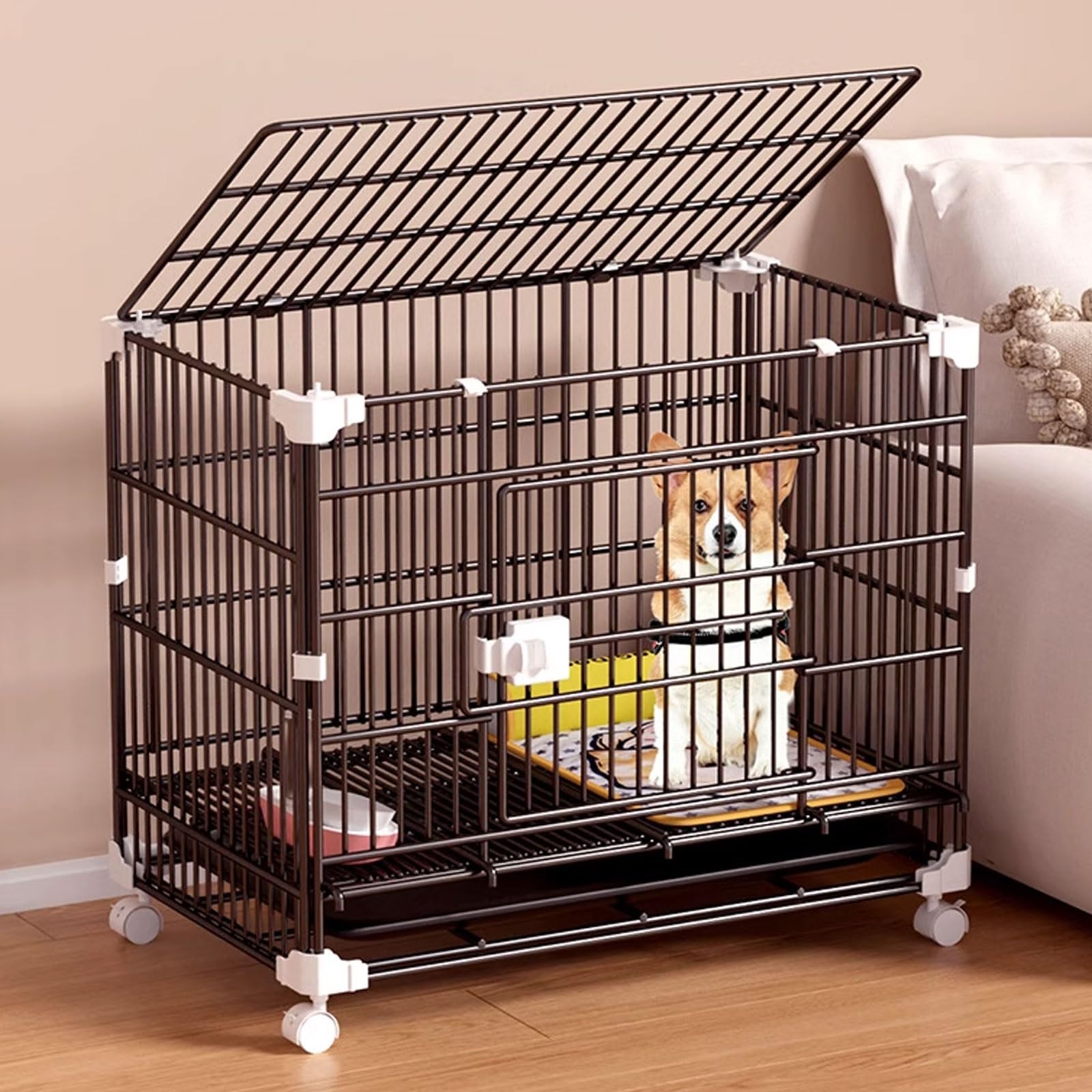 Gabbia per cani a prova di fuga, struttura in metallo con ruote girevoli, design impilabile, doppia porta, ideale per viaggi e sicurezza