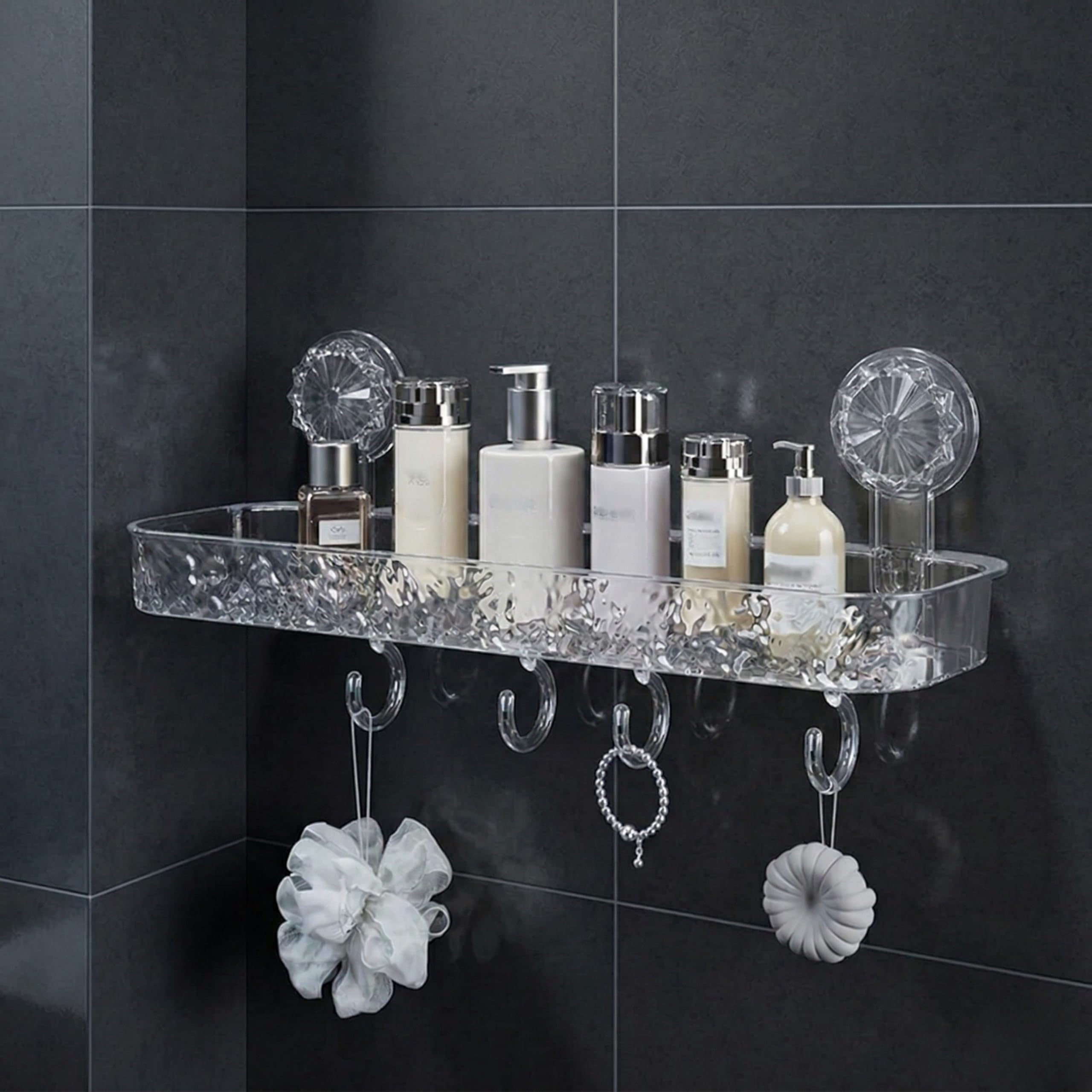 LINEAR Wall Mounted Storage Rack with Hooks | Acrylic Bath Shelf Organiser | Self Adhesive Bathroom Shelf | Crystal Pattern Design, Shelf for Bathroom Accessories (1, Rectangular)-image-17