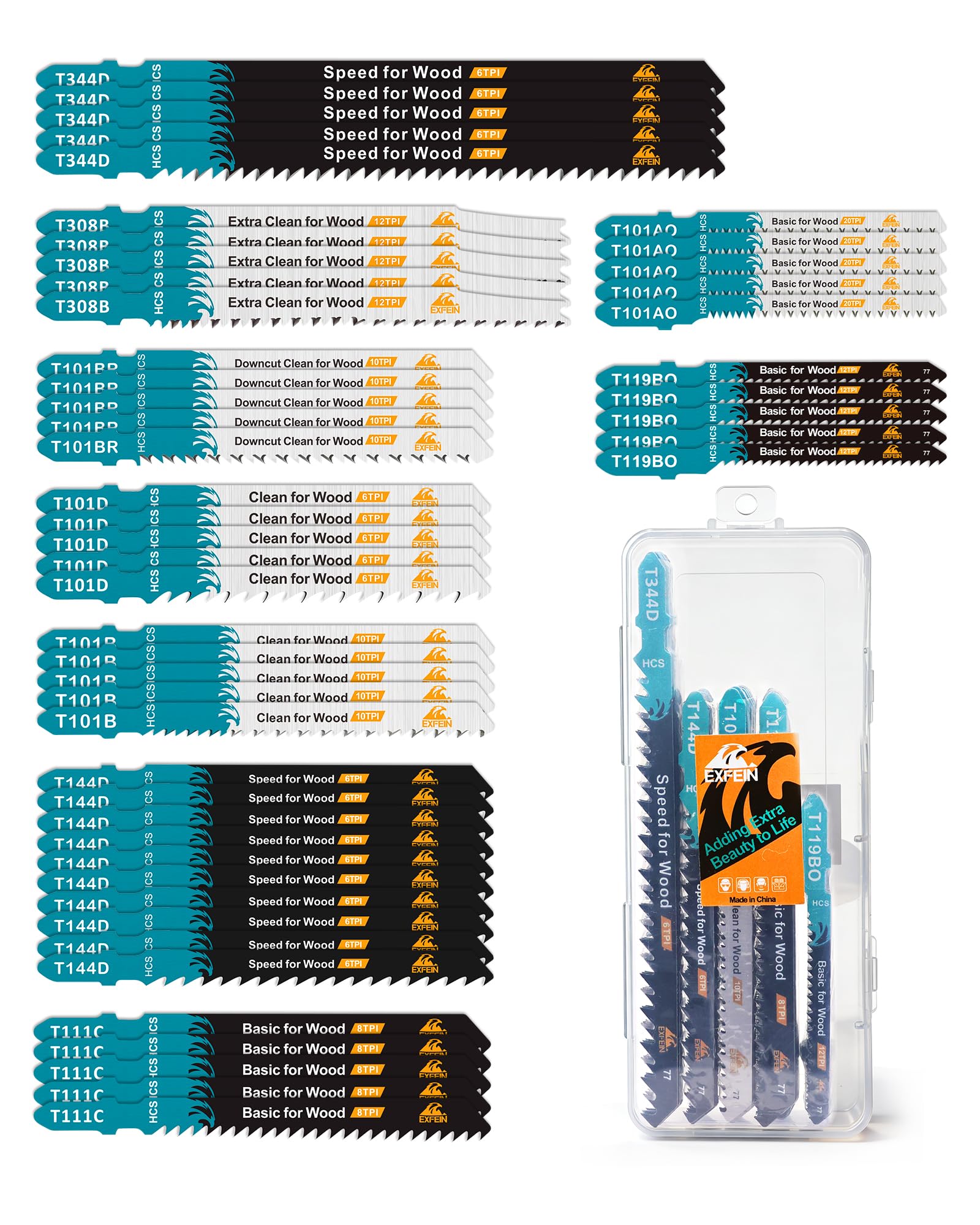 Juego de 50 hojas de sierra caladora con vástago en T, cuchillas surtidas para madera (T101AO, T101B, T101BR, T119BO, T308B, T144D, T111C, T344D)