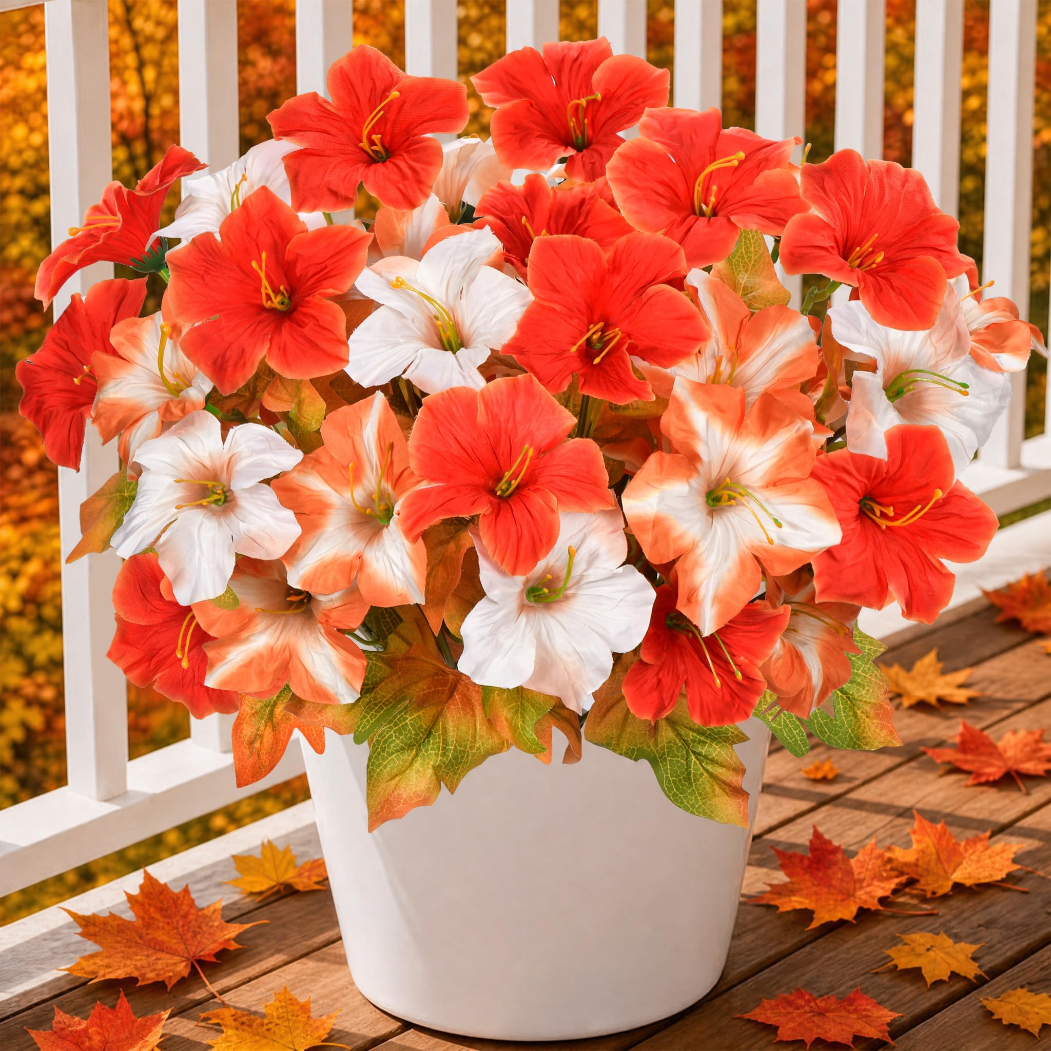 KUANINUNAR Artificial Fake Flowers Outdoor Silk Faux Flowers Look Real for Outside 4 Bundles Large Fake Petunia UV Resistant Artificial Flowers Plastic Plants for Garden Window Vase Home Decor (Fall)