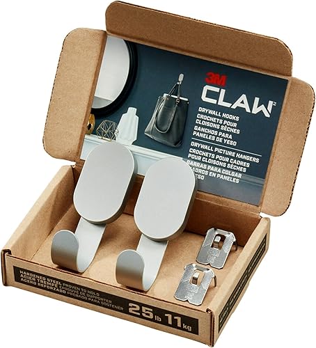 3M CLAW 2 ganchos plateados para paneles de yeso de 15 libras y 2 colgadores de fotos adicionales, solución pesada para colgar mochilas, chaquetas,