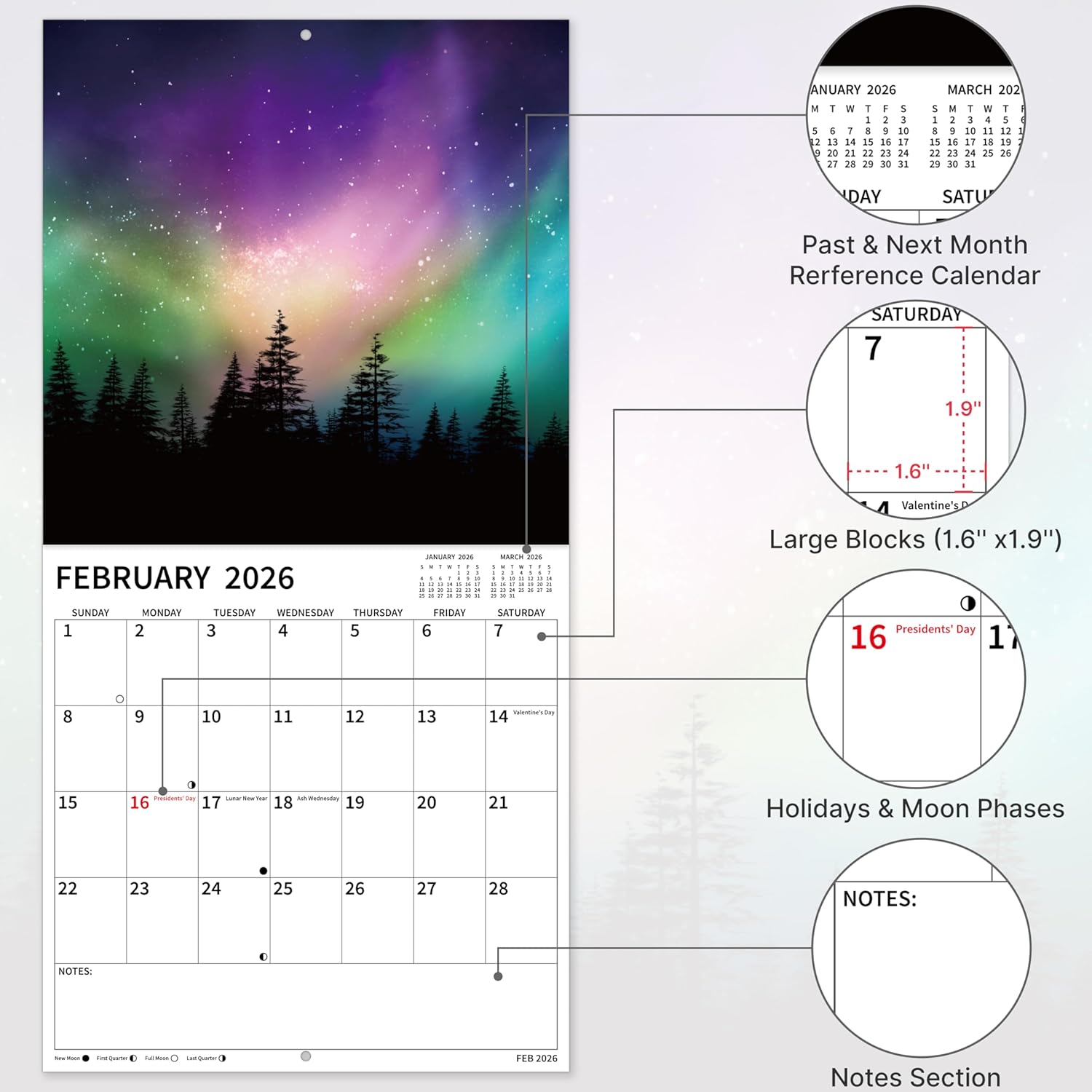 Condition photo showing New/Like New for 2026 wall calendar, 2026 northern lights calendar, 12 months from jan 2026 - dec 2026, 12" x 24" open, thick paper, hanging holes, large blocks, moon phases, holidays, gifts for planning or organizing