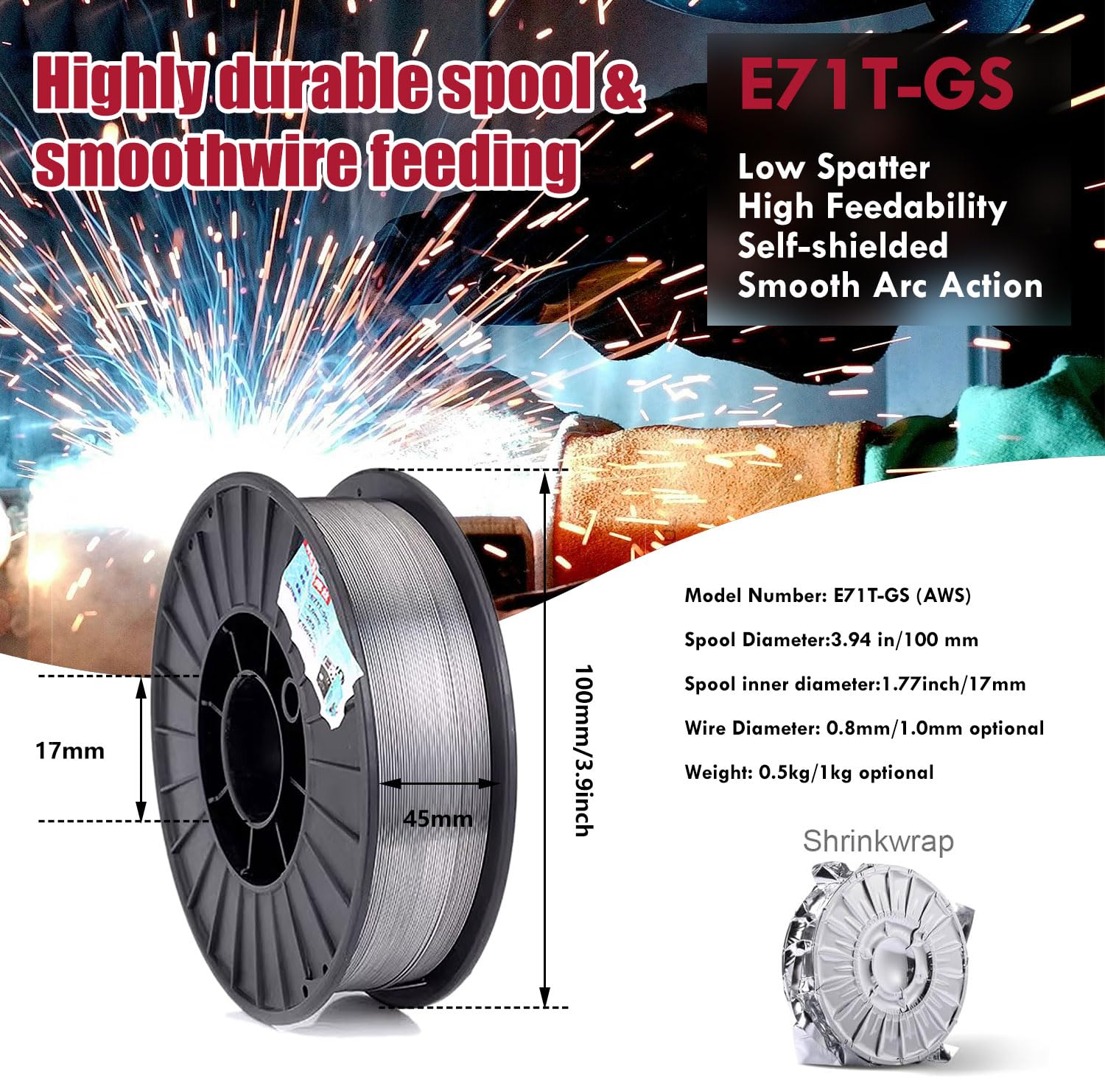 Filo for saldatura in acciaio inossidabile, filo Mig con nucleo senza gas da 0,047/0,035/0,030" (1,2/1,0/0,8 mm), E71T-GS, perfetto for la di progetti in zincato, e dolce(0.8mm 1kg 4 Pcs)