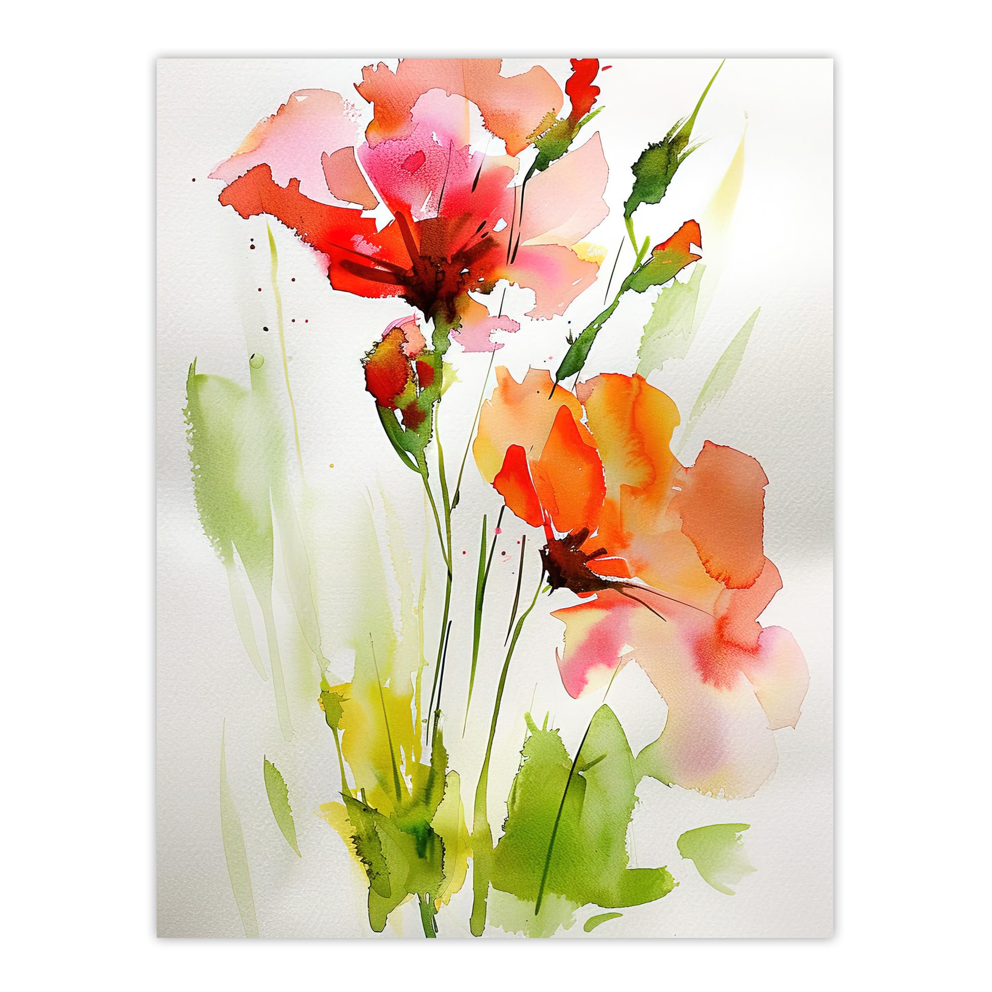 Abstract Flowers Watercolour Print - Red Green - Artery8 - W24 inch x H32 inch