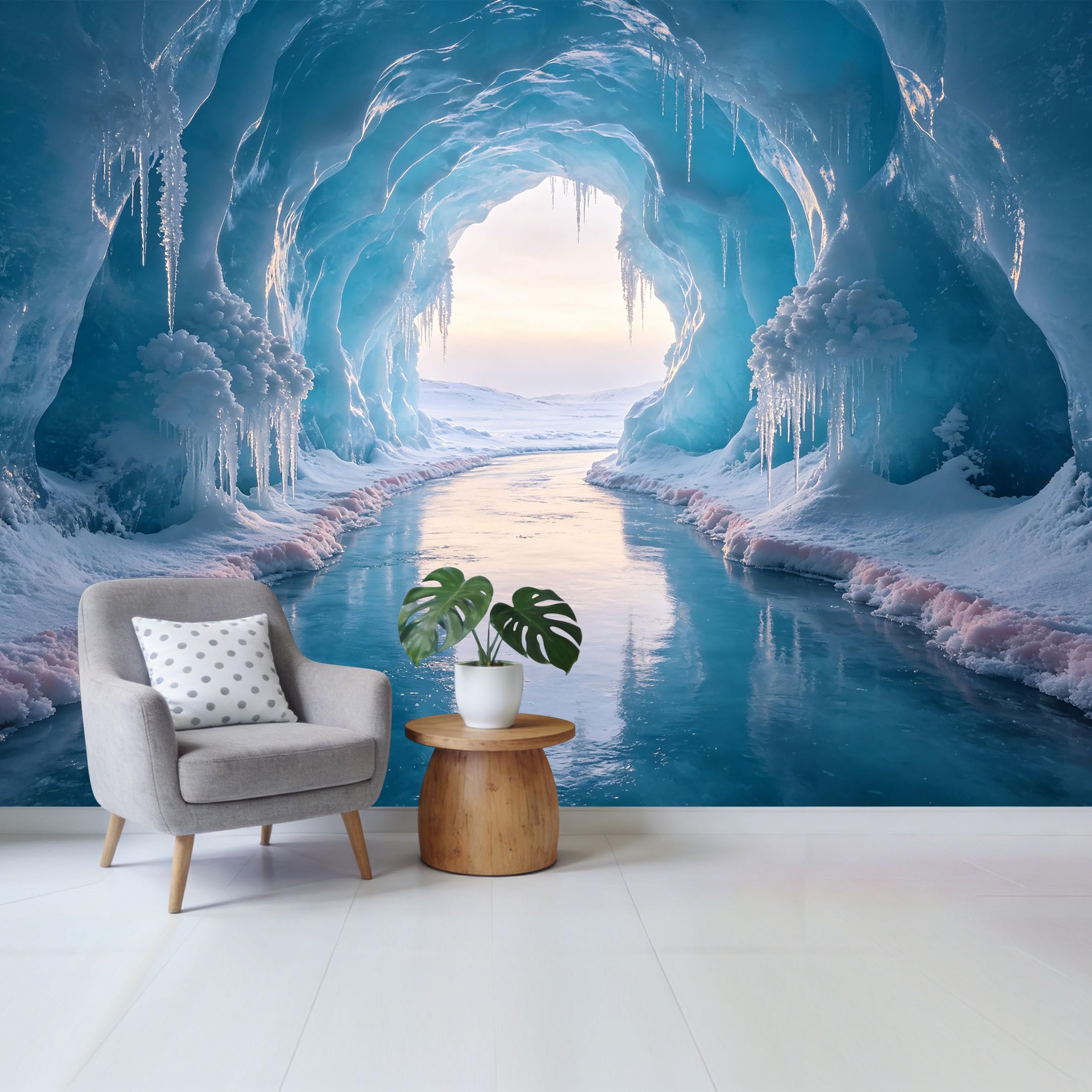 Custom Size Wall Mural， 3D Ice Cave Frozen River Icicles Landscape Removable Self Adhesive Fabric，Home Wall Decor for Living Room Bedroom Bathroom