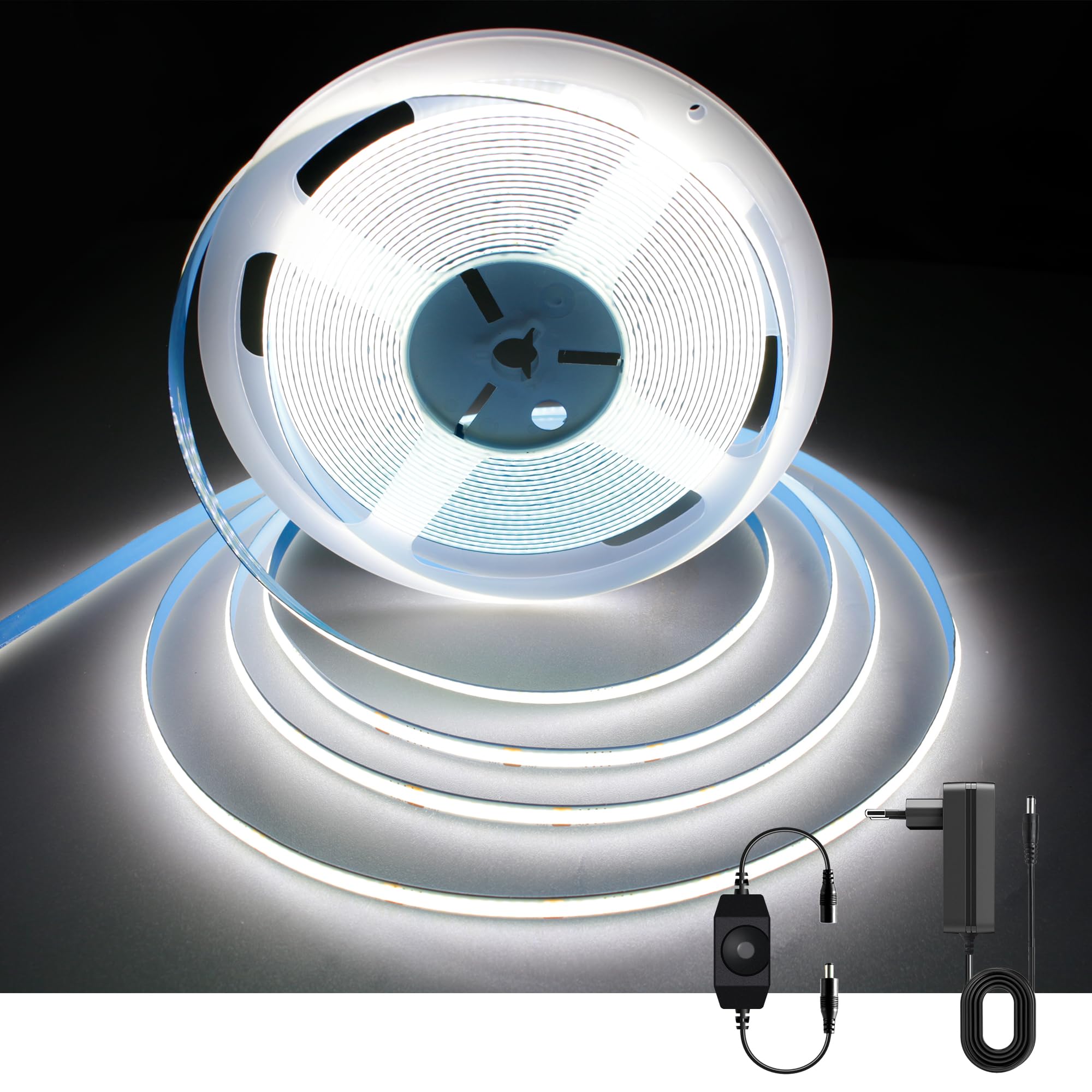 AXMOTUT Striscia LED COB 10 metri 24V, Striscia LED Bianco Freddo 6000K, 320LEDs/m, Larghezza 8mm, CRI90+, con Alimentatore, strisce led per Cucina, Soggiorno, Feste, Bar