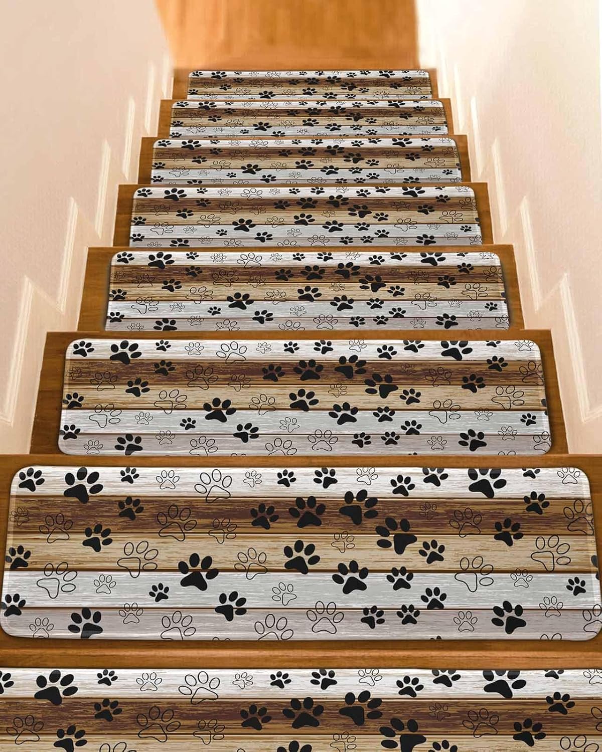 Dog Paws Prints Stair Treads Non Slip Indoor for Wooden Steps, Beige Brown Wooden 15 Pcs Stair Mats for Kids Elders Dogs, 8 x 30 Inches Farmhouse Wood Carpet Treads Runner Rugs for Staircase