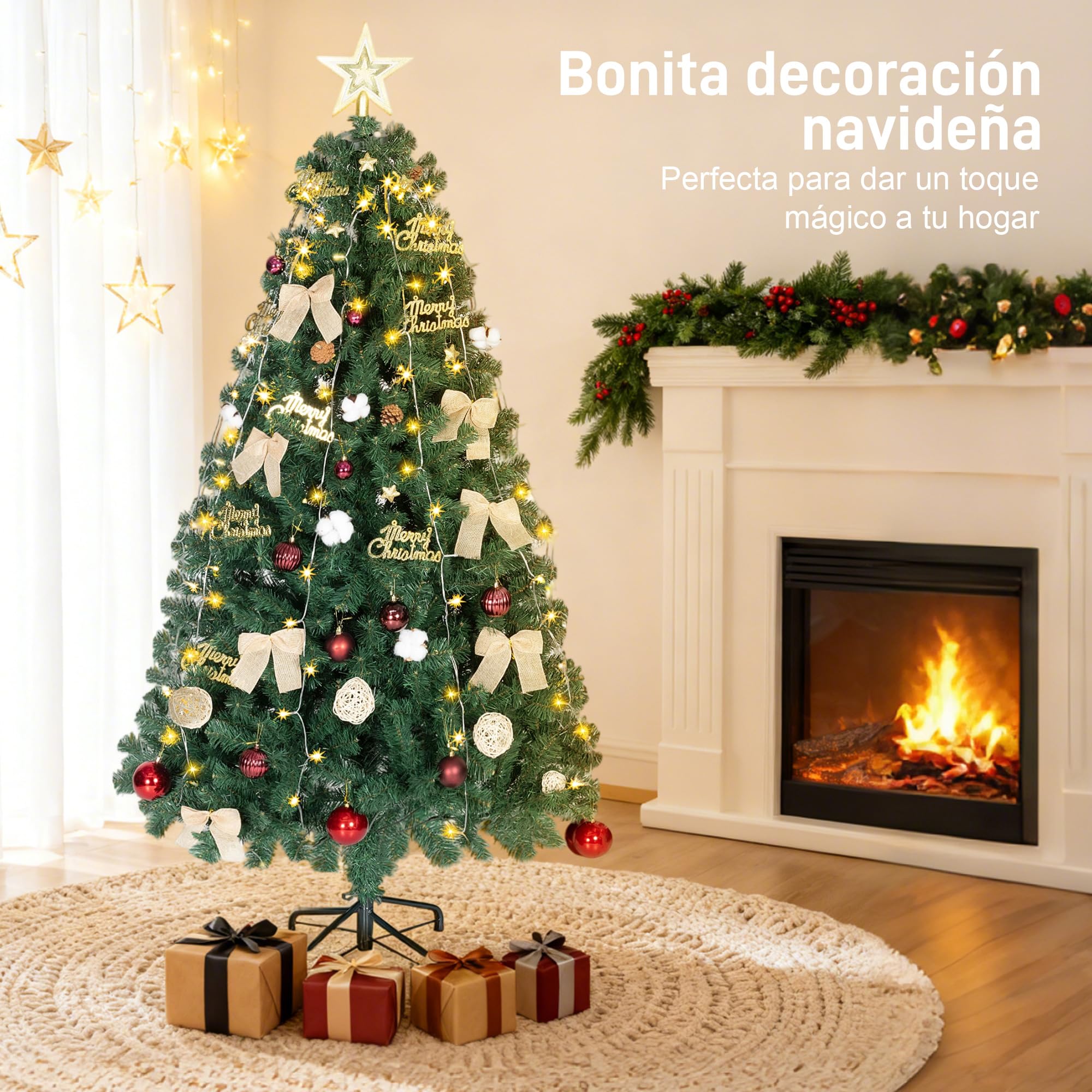 HOMCOM Árbol de Navidad Ø100x180 cm con Adornos y Estrella, 200 Luces LED, Árbol de Navidad Decorado con 8 Modos de Iluminación, 650 Ramas, Soporte de Acero, Decoración para Hogar, Fiesta, Interior