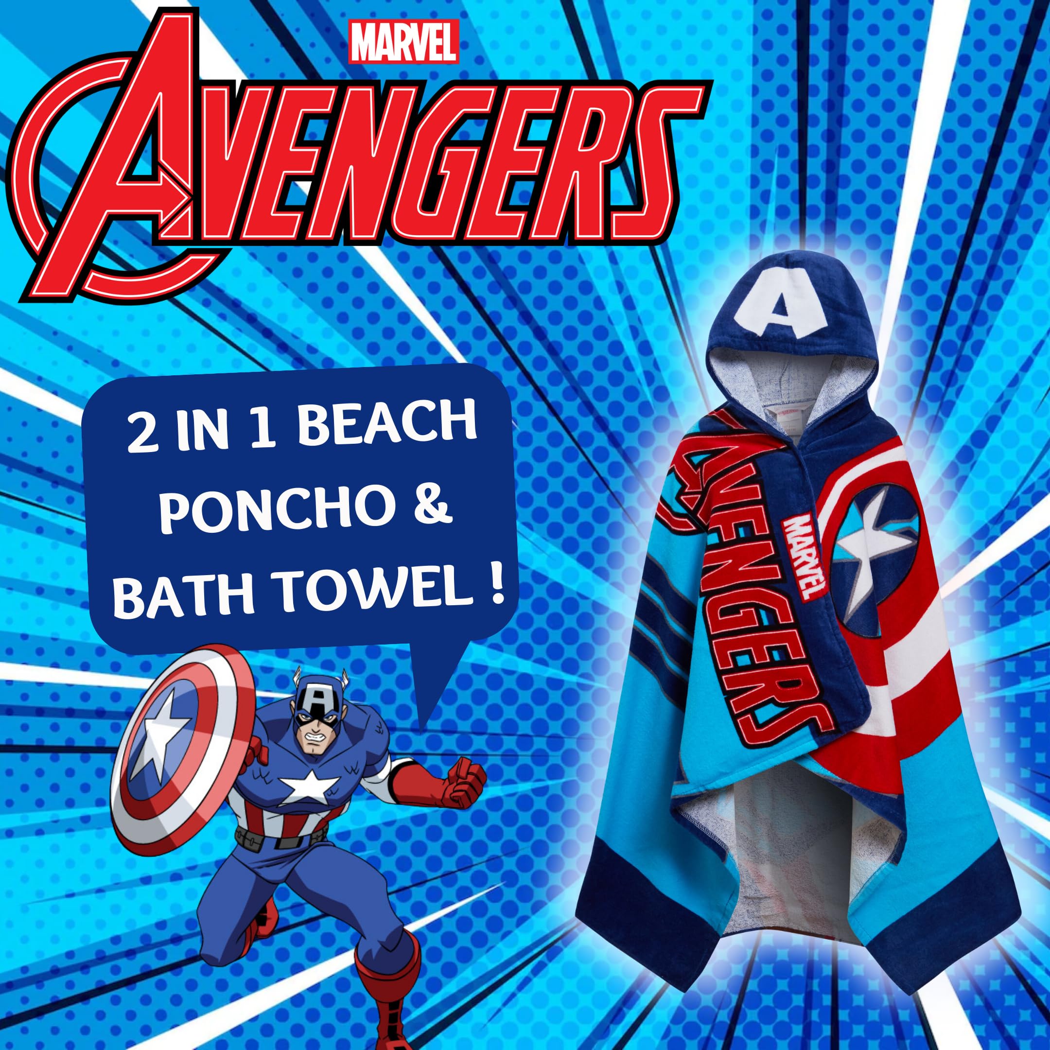 Asciugamano con cappuccio Captain America 100% cotone Marvel Avengers Poncho Asciugamano da spiaggia per bambini Accappatoio da bagno Copertura da nuoto per ragazzi