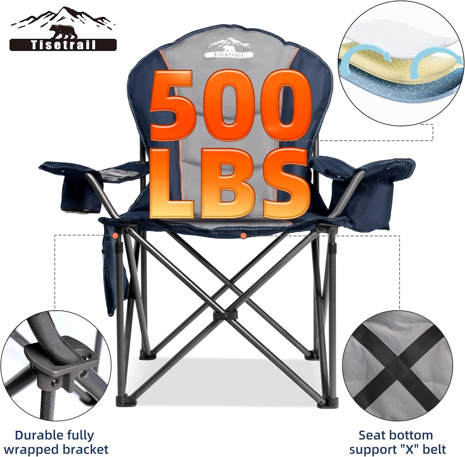 Camping Chairs, Oversized Padded Folding Camping Chair with Lumbar Back, Heavy Duty 500 lb Support Collapsible Chair with Cooler Bag Cup Holder for Outdoor Garden Beach Fishing, 1 Pack, Gry