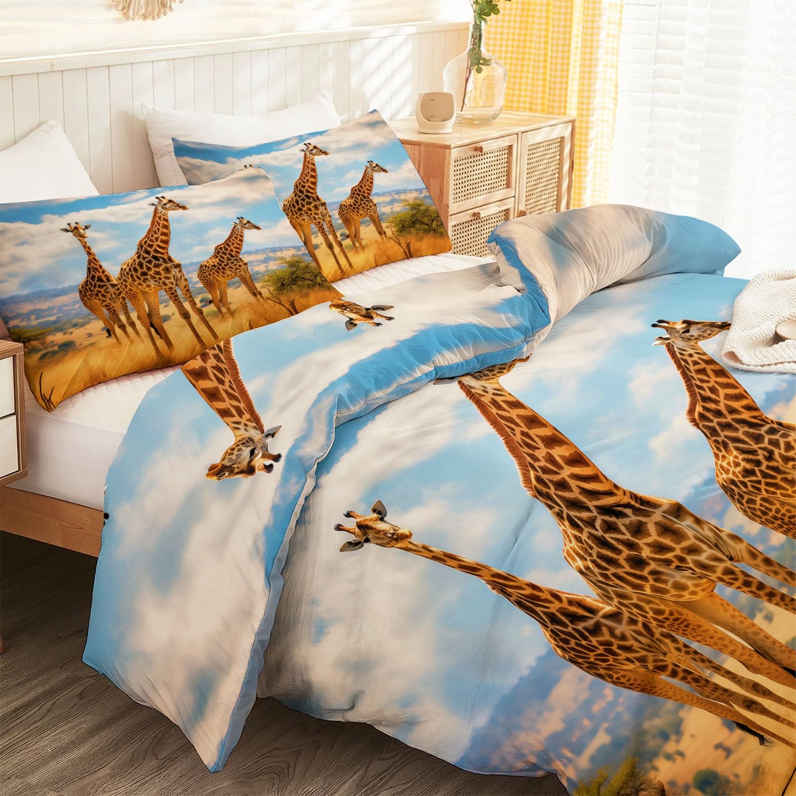 Generisch Wende Bettwäsche Set 155 x 220 cm, Weiche Mikrofaser Wildtiere Grasland Bettbezug Set, 3-teilige Bettwäsche mit Reißverschluss und Vier Eckleisten, Pflegeleicht Bügelfrei, Blau