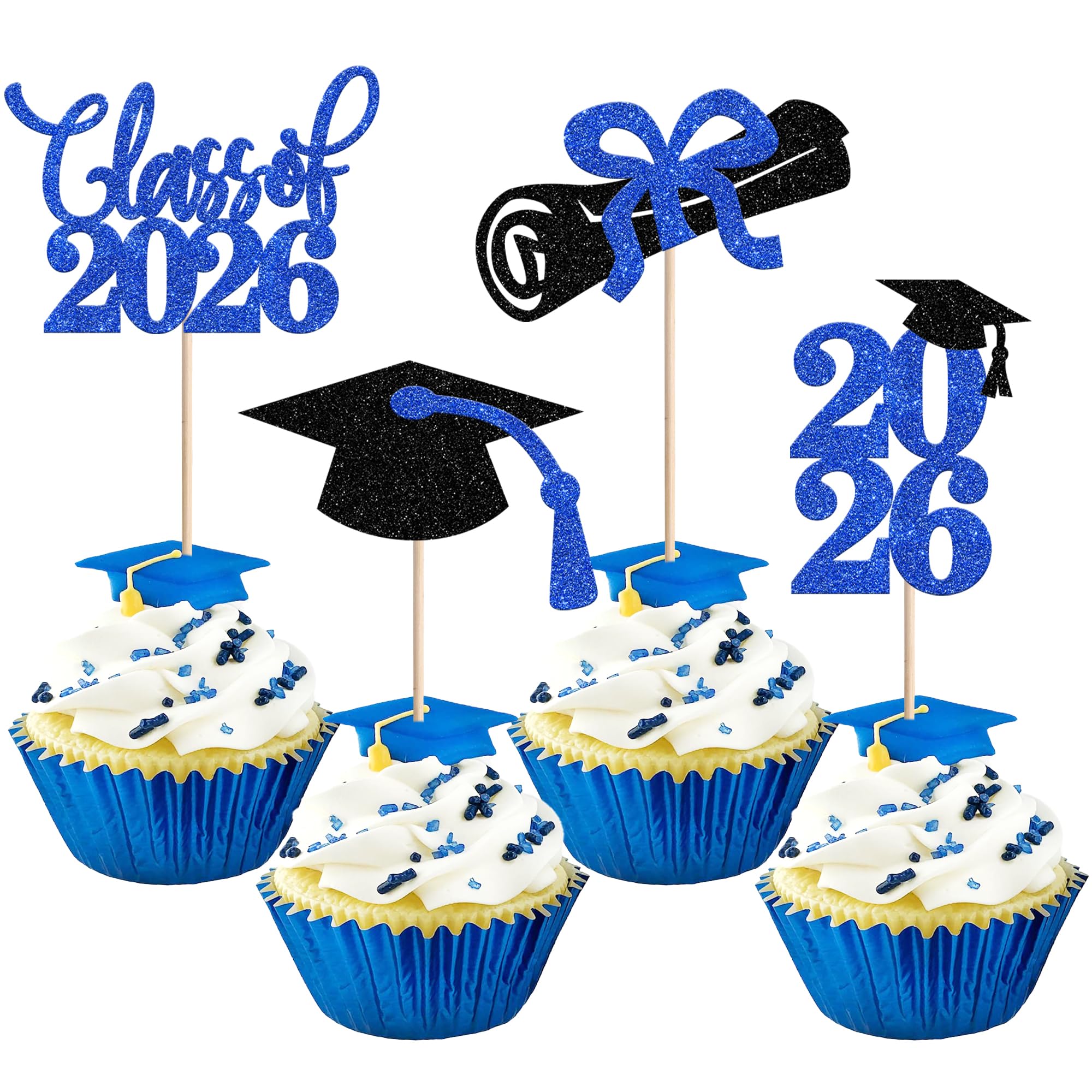 Xsstarmi 24 Pack 2026 Graduation Theme Cupcake Toppers Glitter Class of 2026 Grad Party Decorations Cap Diploma Cupcake Toothpicks for 2026 Graduation Party Cake Decorations Blue