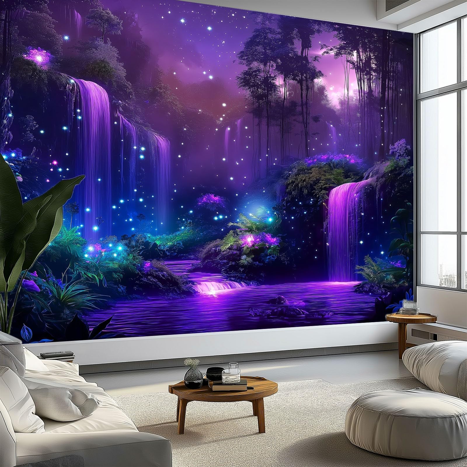 Panoramiczna tapeta z włókniny 3D fioletowy fantasy kraina czarów gwiaździsta noc las 200 x 140 cm, spersonalizowany plakat ścienny, samoprzylepne naklejki do salonu, sypialni, restauracji