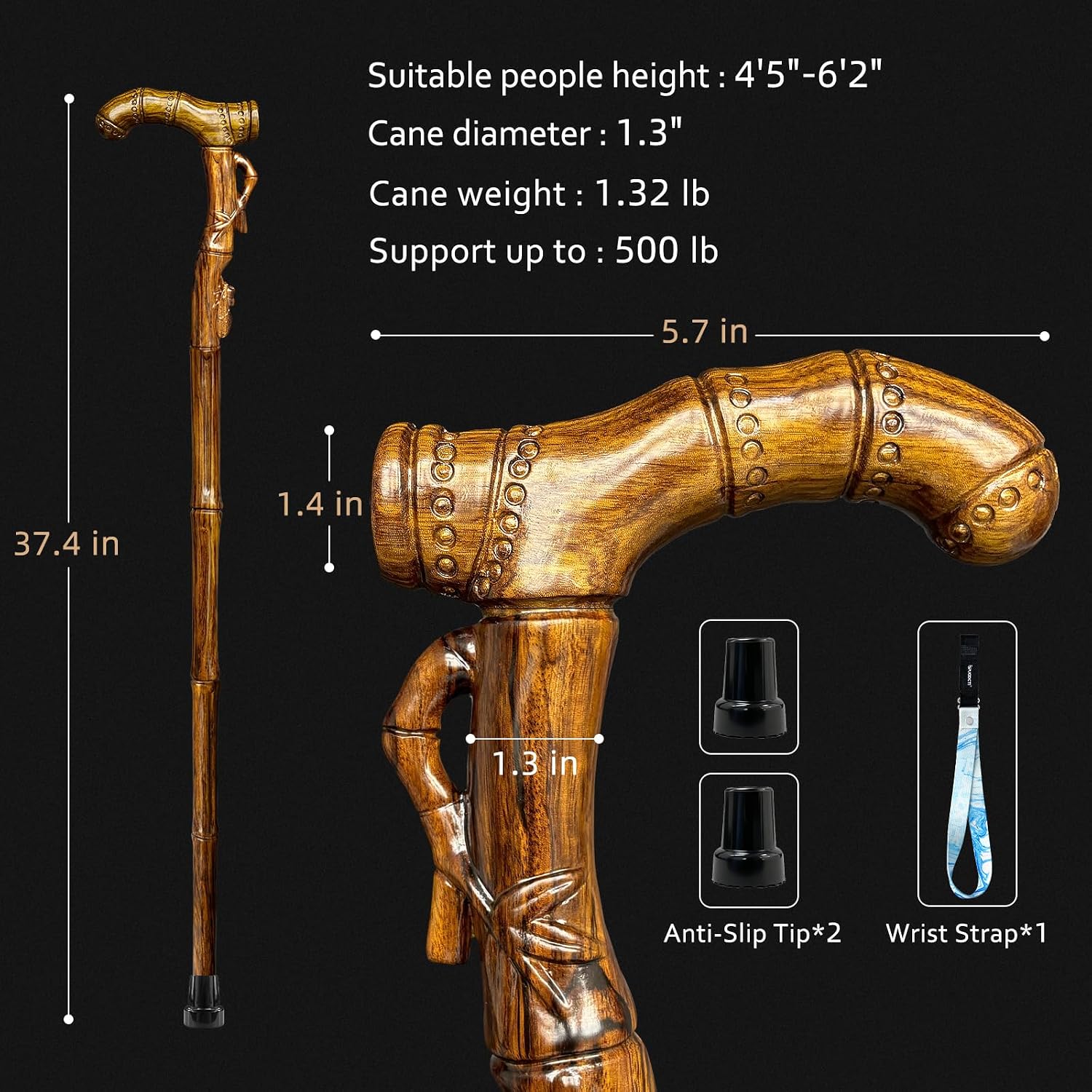 3D Hand-Carved Wooden Walking Cane for Men Women 500 lb Capacity