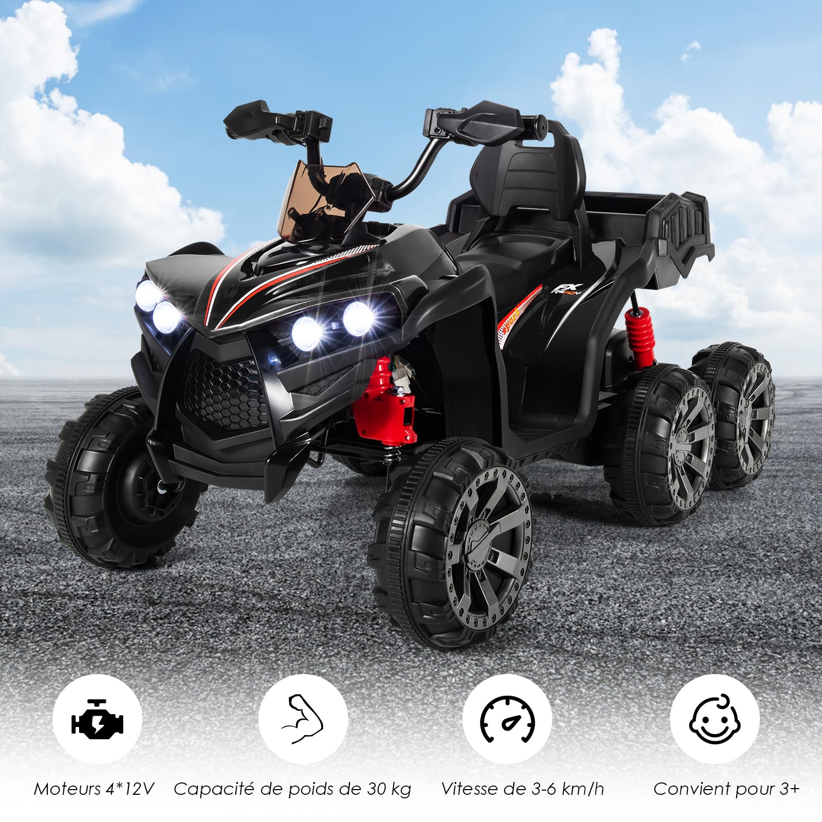 GOPLUS Voiture Electrique Enfants 12V avec 6 Roues 3-6 km/h, Quad Electrique Enfants à Batterie 3-8 Ans Lumières LED, Musique Charge 30KG (Noir)
