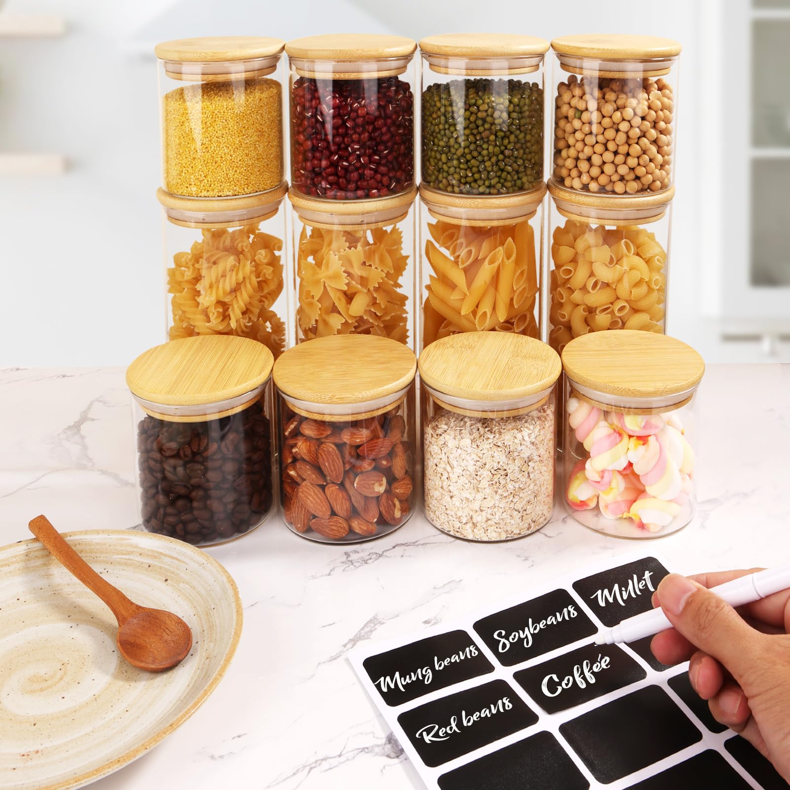 Lot de 12 Bocaux en Verre, 650ml/300ml - Pot en Verre avec Couvercle en Bambou - Pot de Rangement Cuisine - Bocal Hermétique Boite Rangement pour Pâtes, Céréales, Haricots, Épices
