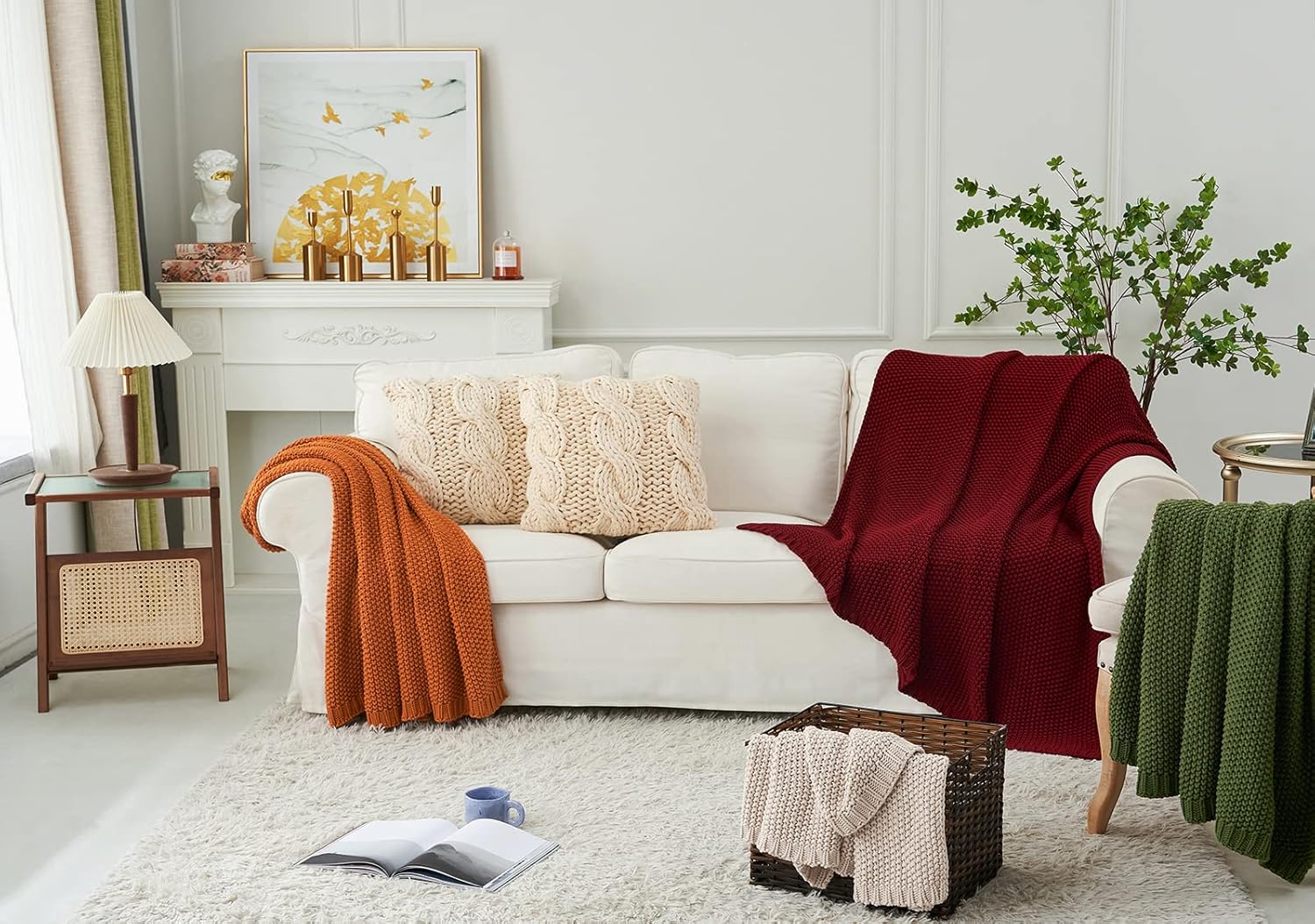 Chunky Cable Knit Throw Blanket Lightweight Wine red 100% Organic Cotton Blanket for Sofa Couch Bed Baby Nursery, Rustic Shabby Chic Modern Farmhouse, 60” x 80” Give Laundering Bag - Image 7