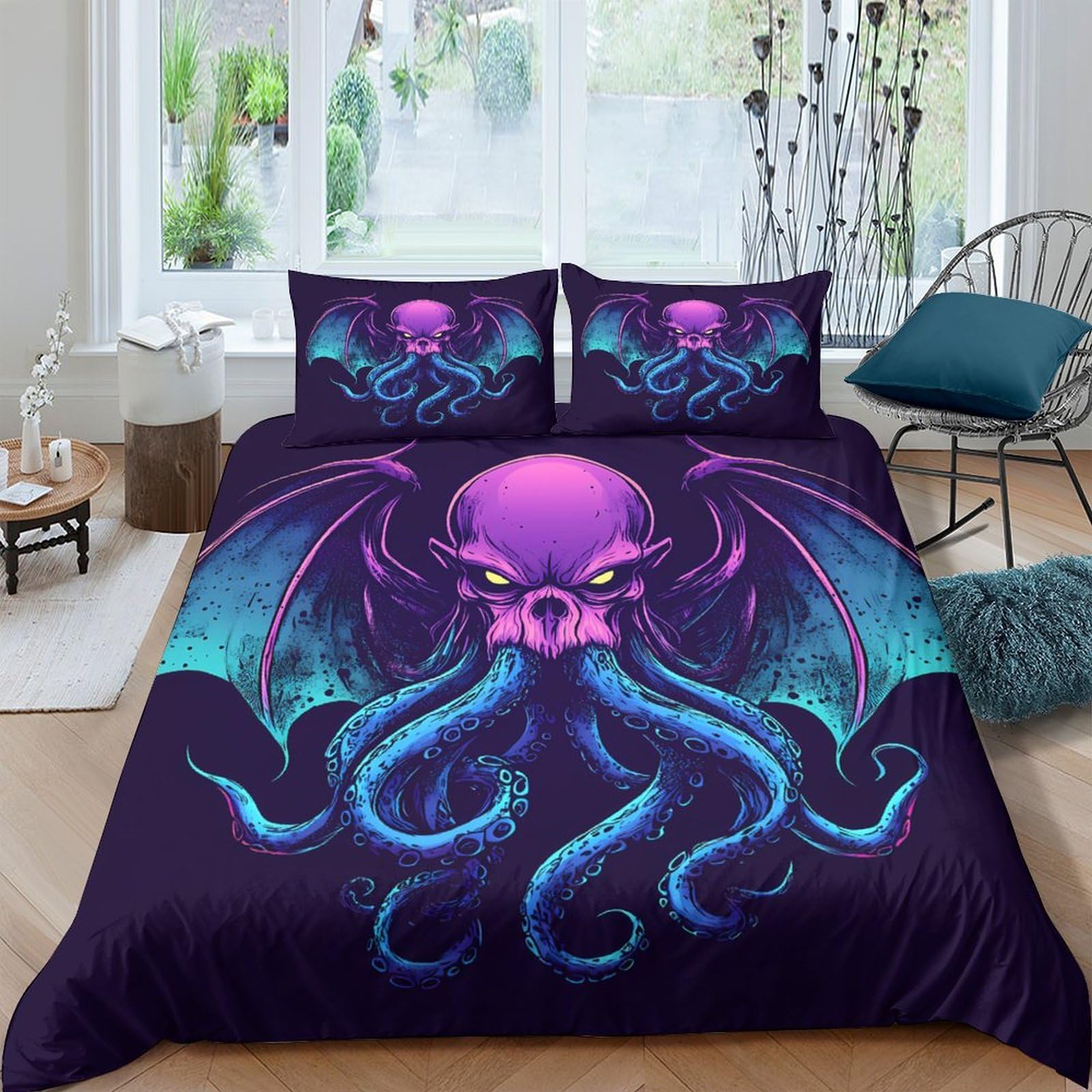 Ctjqhvkz Style-2 3D Printed Cthulhu Fantasy Fitted Sheet Microfiber Deep Purple Octopus Bed Cover For Bedroom Guest Room Decor Single（135X200cm）