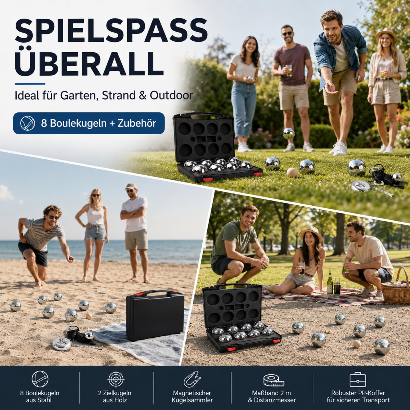 Boule Set 6/8 Metallkugeln mit Hartschalenkoffer–Petanque & Boccia Spiel mit Zielkugel, Abstandsmesser & Tragetasche, Outdoor Gartenspiel für Erwachsene, Camping & Familie