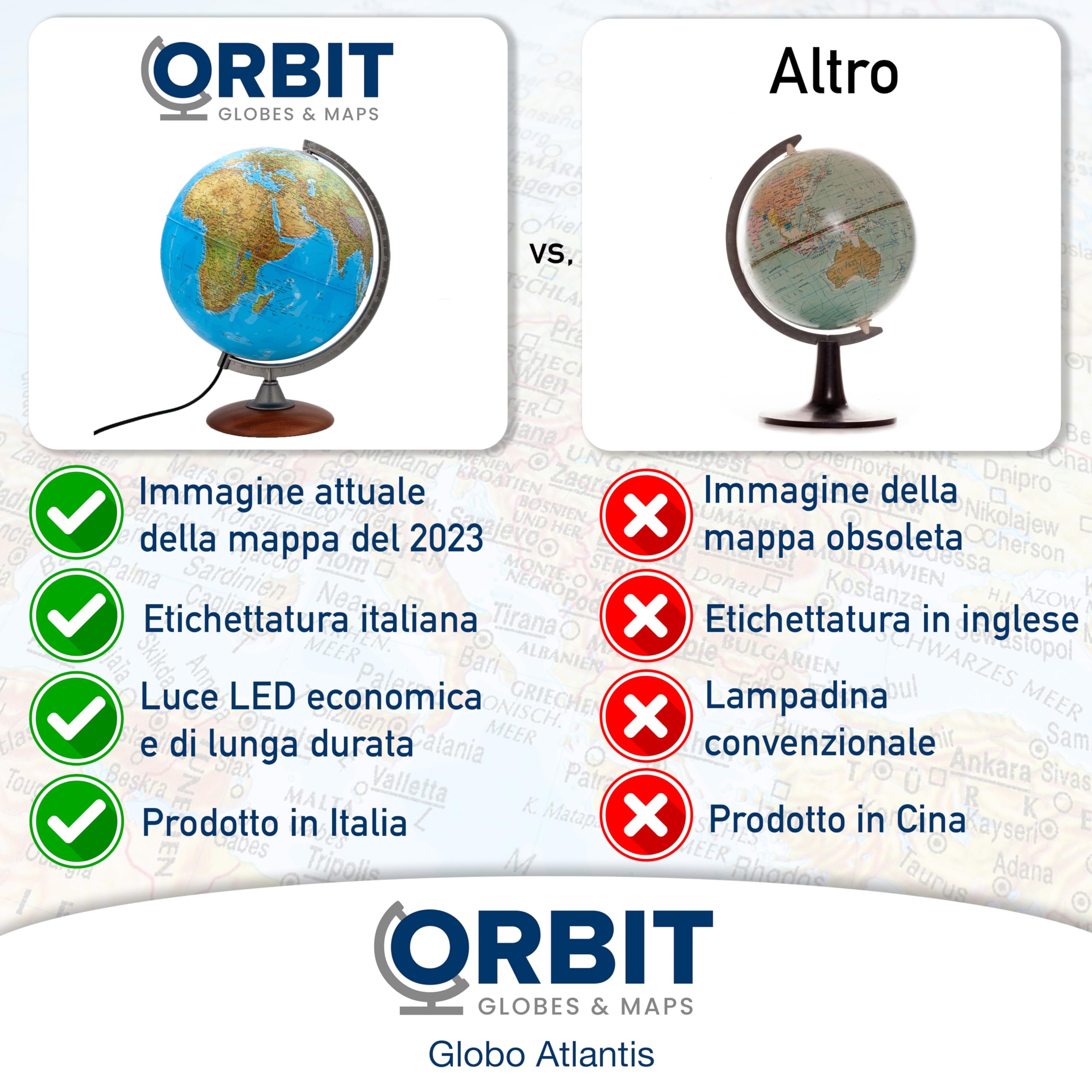 ORBIT GLOBES & MAPS Globo Luminoso, mappamondo, cartografia a Doppia Effetto, Fisica e Politica, Italiano, con Base in Legno, Lampadina a LED