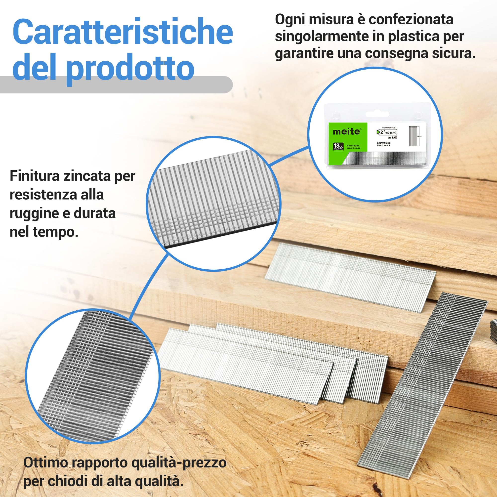 meite Chiodi Brad 18GA da 50 mm, Tipo 18G, Zincati, Chiodi di Finitura a Testa Piccola per Chiodatrice Pneumatica o Elettrica (1.000 Pezzi)