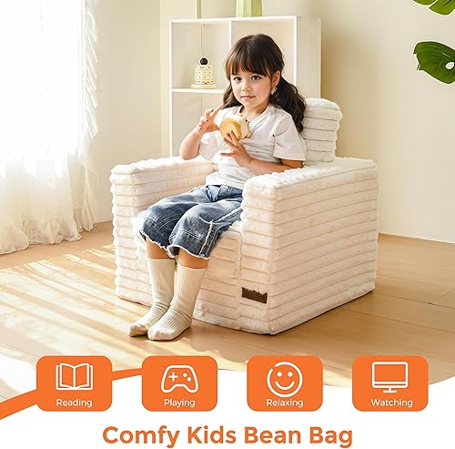 Miniatura 8 de MAXYOYO Puf para niños, cómodo sofá puff de piel sintética con relleno, sofá tapizado con almohadas y reposabrazos, sofá de suelo perezoso para