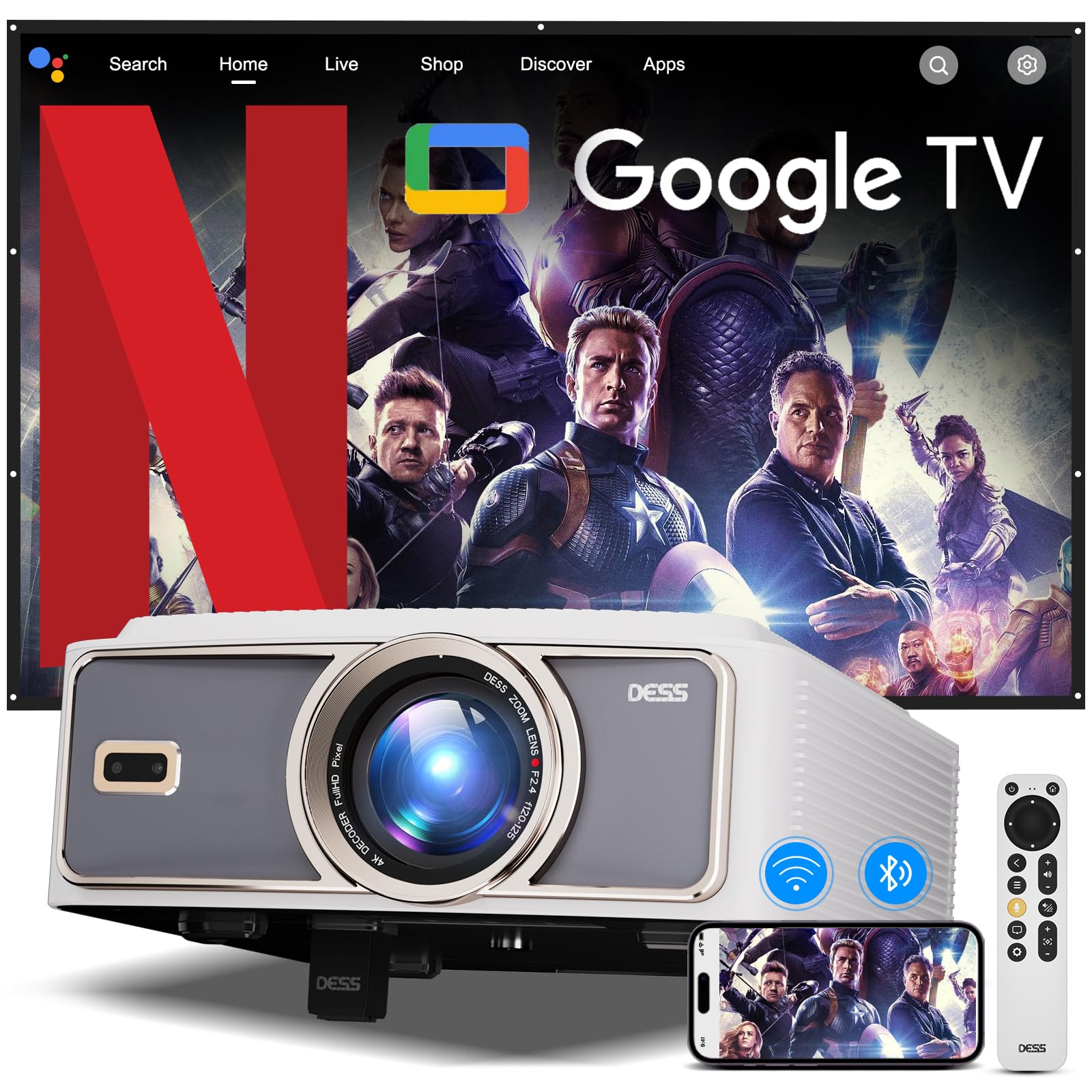Beamer-4K[1500ANSI&Autofokus/Trapezkorrektur] Tageslicht Projector mit WiFi 6 Bluetooth,DESS Full-HD 1080P kurzdistanz Smart Beamer,verdeckter Motor-Ständer，300