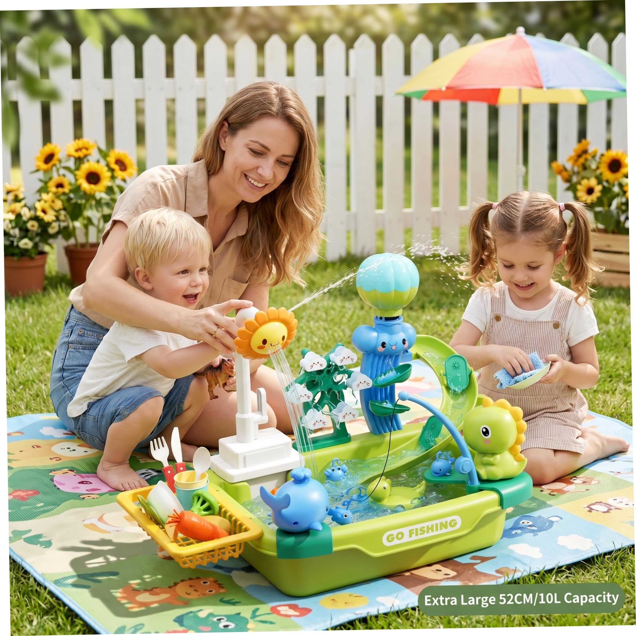 Lavello per bambini, lavello giocattolo con acqua corrente, set da gioco per bambini a tema dinosauro con pesca, lavastoviglie e scivolo sistema di ci