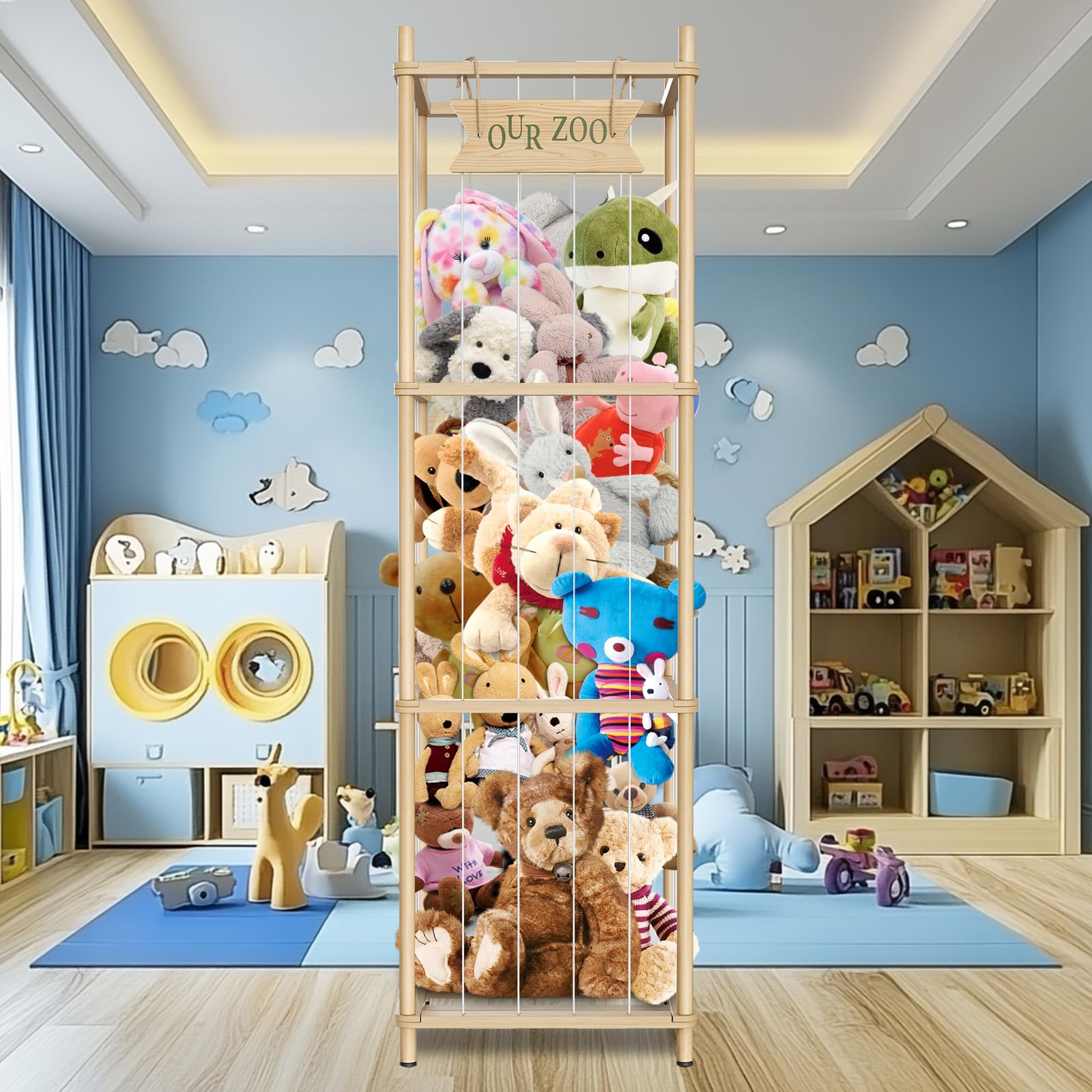 16.5 * 16.5 * 54 In Large Stuffed Animal Storage Corner Organizer, Wood Stuffed Animal Zoo, Capable of Holding Up to 300 Stuffed Animal– Ideal for Birthday Gift