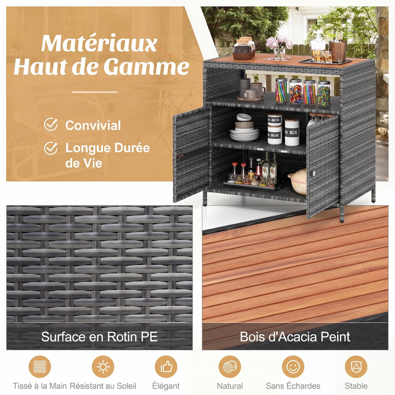 COSTWAY Armoire de Rangement Exterieur en Rotin, Jardin avec Plateau en Bois d'Acacia, Buffet 2 Portes, Gris
