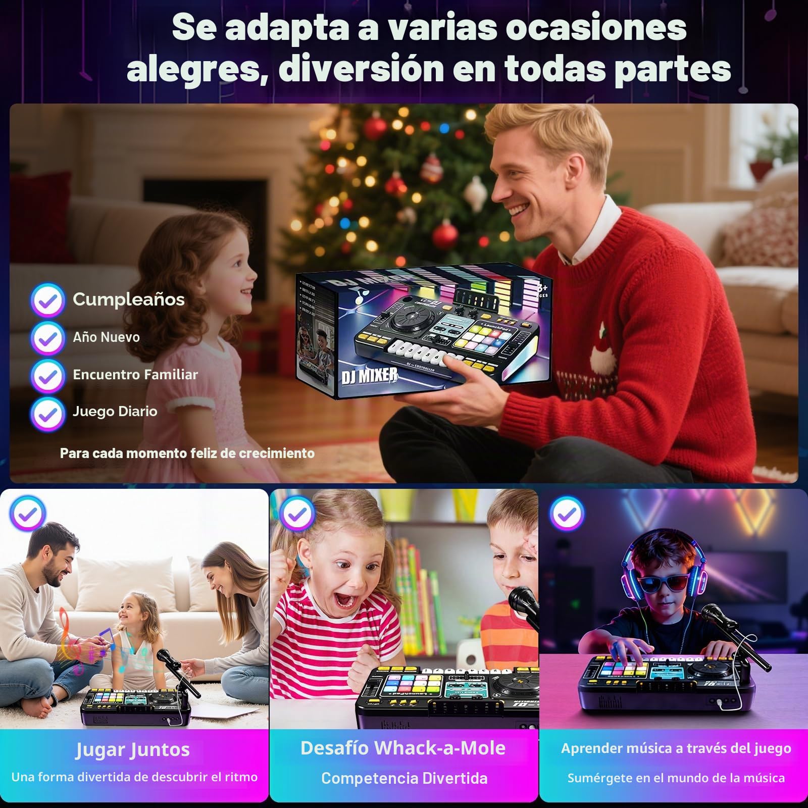 Mesa DJ Niños, Mesa de Mezclas DJ Musical Multifuncional para Niños, con Bluetooth, Micrófono, Juegos de Luces, Carga por USB, Ideal para 3 a 10 Años en Fiestas y Entretenimiento Familiar