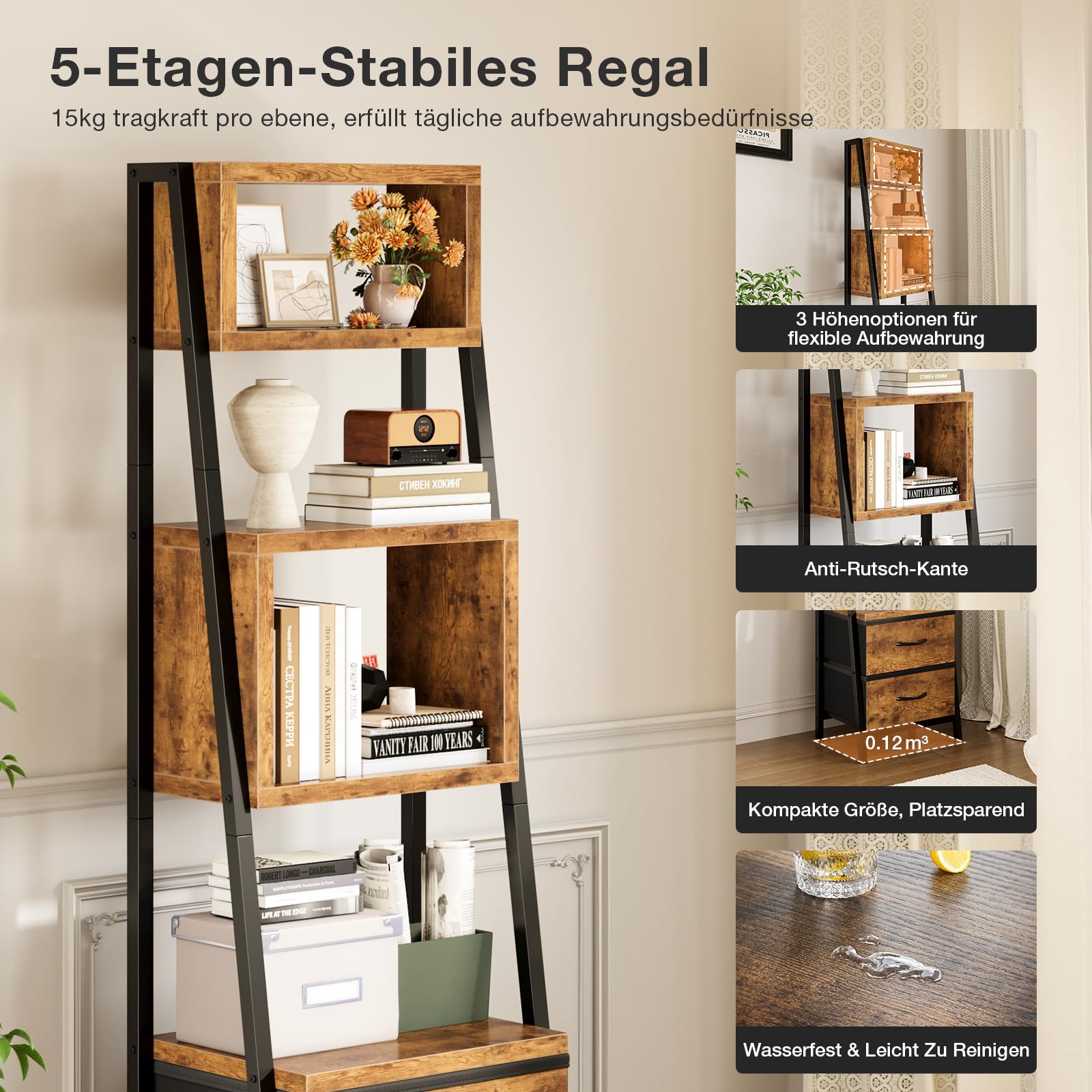 Coleshome 5-Etagen Bücherregal Schmal 2 Schubladen, Standregal, Retro