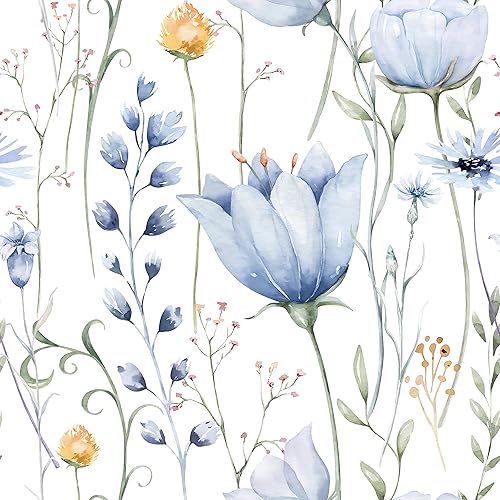 HeloHo Blue Floral Leaf Wallpaper Peel and Stick Self Adhesive Removable Wall Paper Waterproof Contact Paper for Furniture Living Room Bedroom Decor 16.1" X 118"