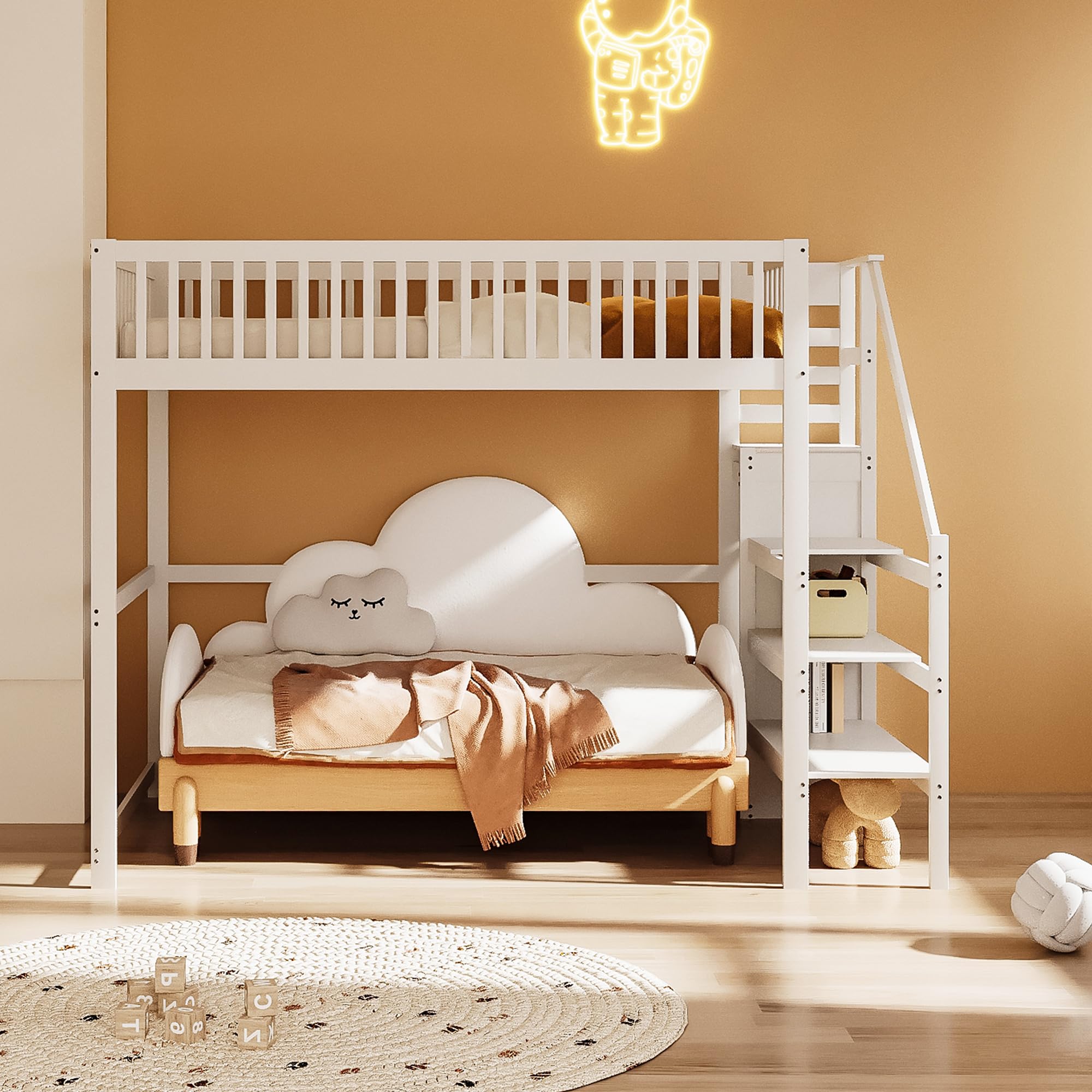 Azkoeesy Cama Alta Juvenil 140x200 cm en Madera de Pino Blanca, Escala Integrada Ahorra Espacio, Armario, Barandilla de Seguridad y Somier, para Niños y Adolescentes