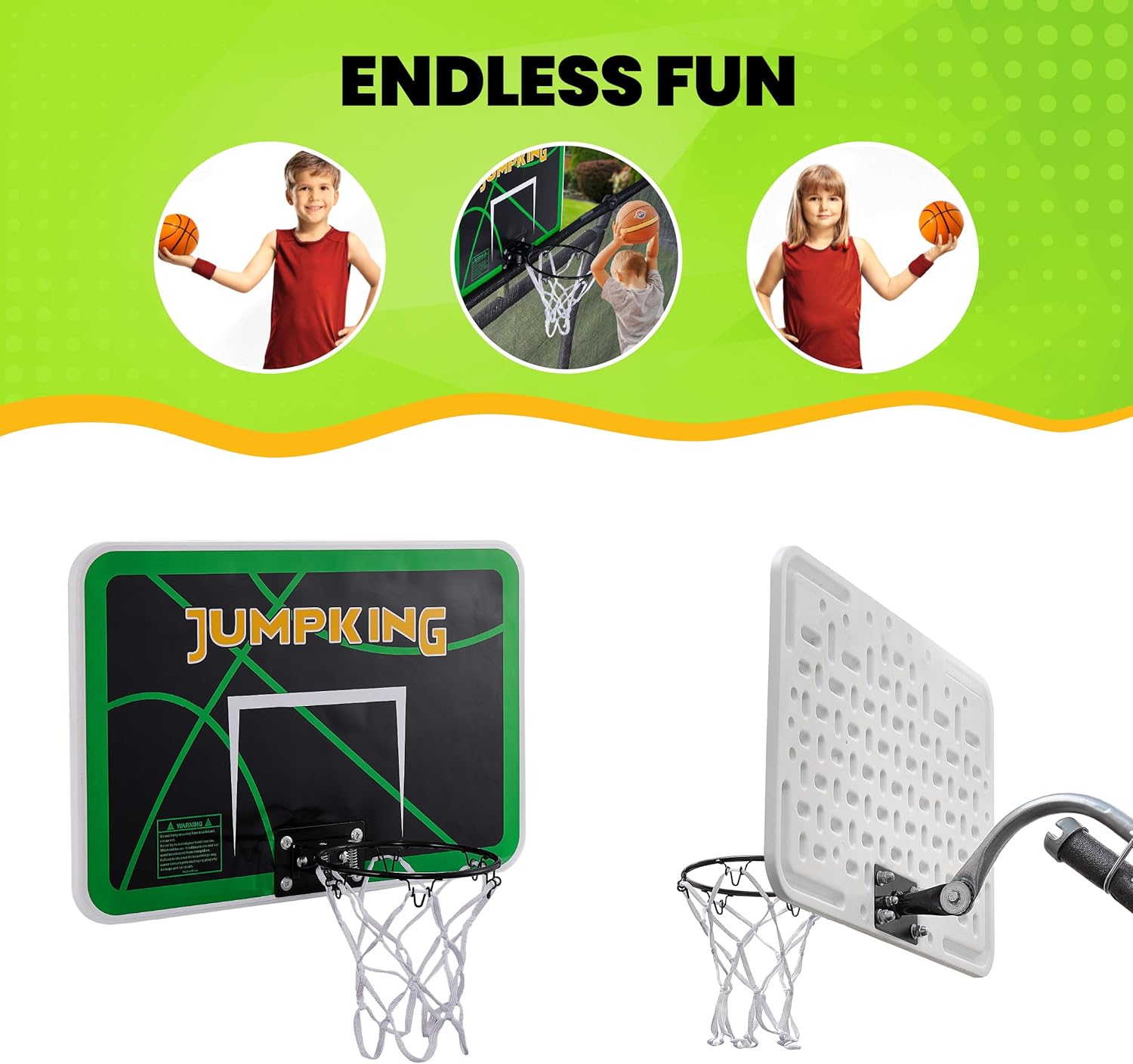 JumpKing Trampoline Basketball Hoop Set – 7.5" Dia. Breakaway Metal Ring with Goose Neck Pole & Inflatable Mini Basketball (Fits Most Trampoline Models)