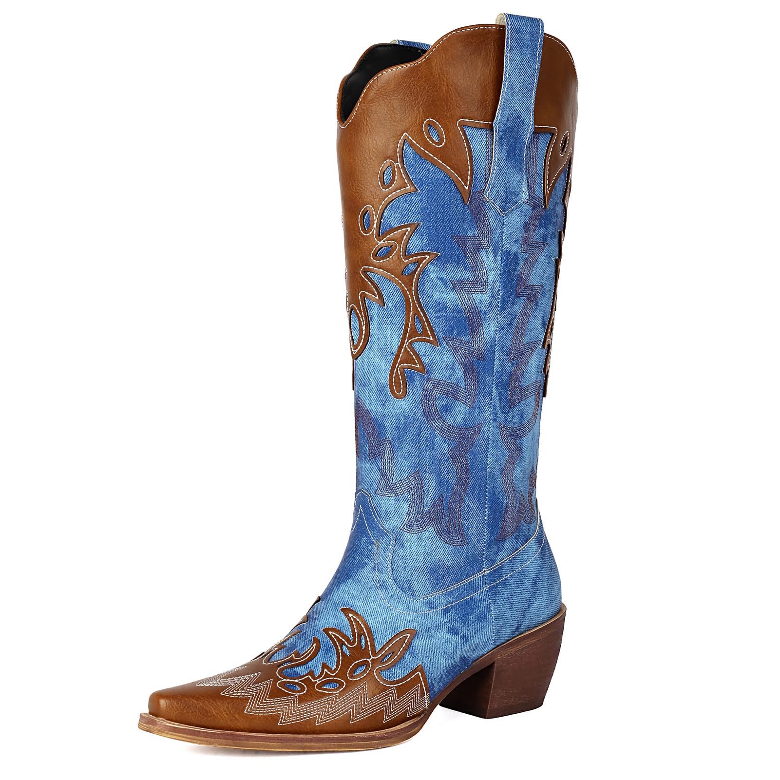Cozivwaiy Women Denim Cowboy Boots Patchwork Knee High Boots Colorblock Western Cowgirl Mid Calf Jeans Shoes Pointed Toe