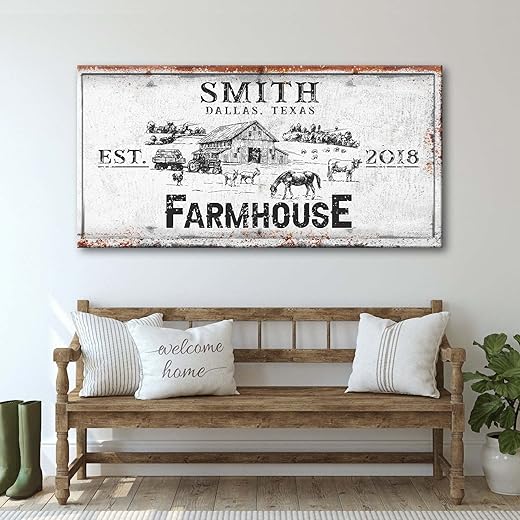 TAILORED CANVASES Farmhouse Sign - Large Rustic Farmhouse Wall Decor Art Decor for Home, Living Room, Office, Entryway - Personalized Rustic Print Canvas Barn, Tractor and Farm Animals 60in x 30in