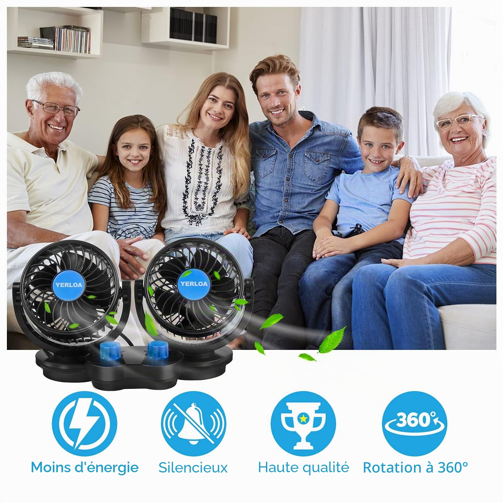 Yerloa Ventilateur Voiture 12V, Ventilateur Voiture de Voiture électrique avec Double tête Réglable à 360 Degrés, Ventilateurs de Refroidissement Silencieux pour SUV, Véhicules 2025 Nouveau