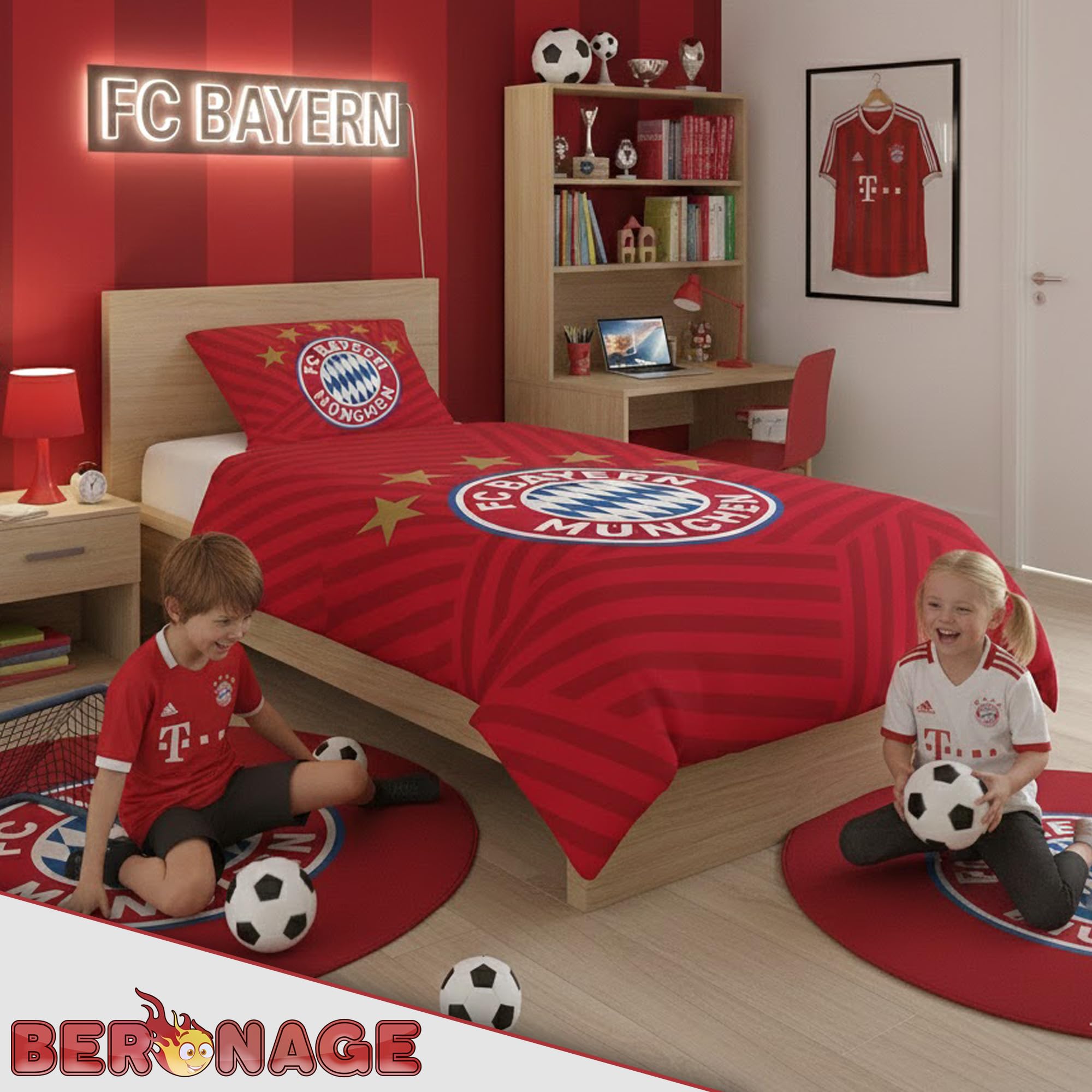FC Bayern München Bettwäsche 5 Sterne Rot 135x200 cm + 80x80 cm 100% Baumwolle Renforcé/Linon Rekordmeister Mia san Mia Allianz Arena Fußball Fanartikel Reißverschluss Geschenkidee Kane Musiala Olise