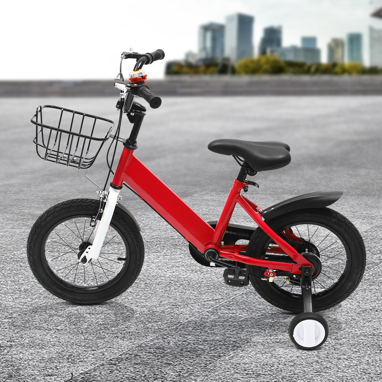 Bicicletta per bambini da 14 pollici, con ruote di sostegno, cestino e campanello, regolabile in altezza, per ragazzi dai 3 ai 5 anni, doppio freno e telaio in acciaio al carbonio, per